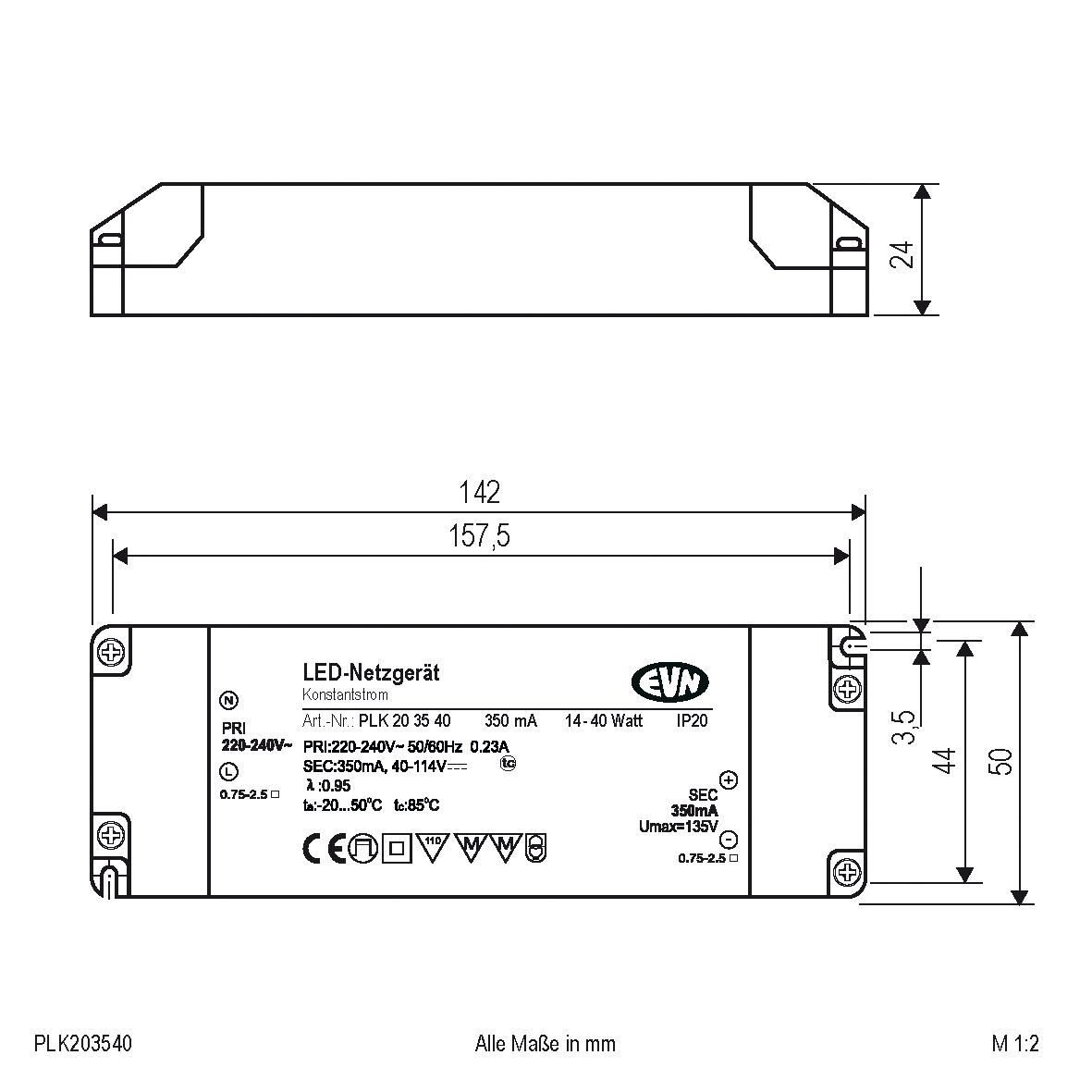 LED-Trafo 14-40W 350-300mA 134V IP20 dyn Kstgeh 142x50x24mm