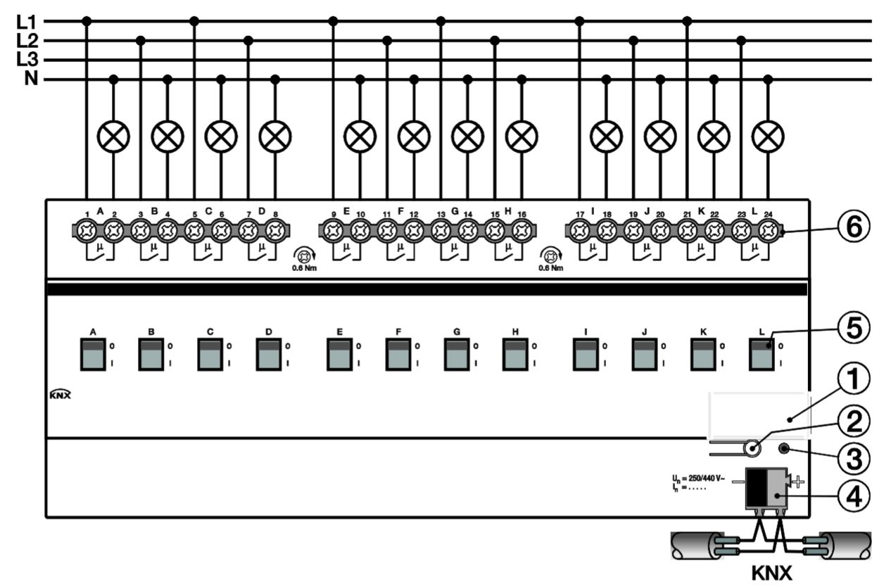 Schaltaktor KNX C-Last REG 8TE 8f 20A 3680W 230V Vor Ort-/Handbedienung