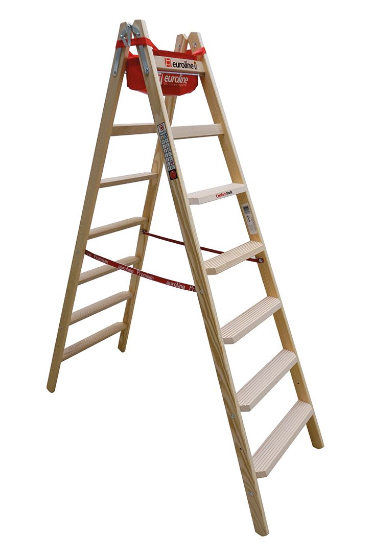 Stehleiter Holz 2m 2x7stuf mit 80mm Comfort-Stufen und Eimerhaken