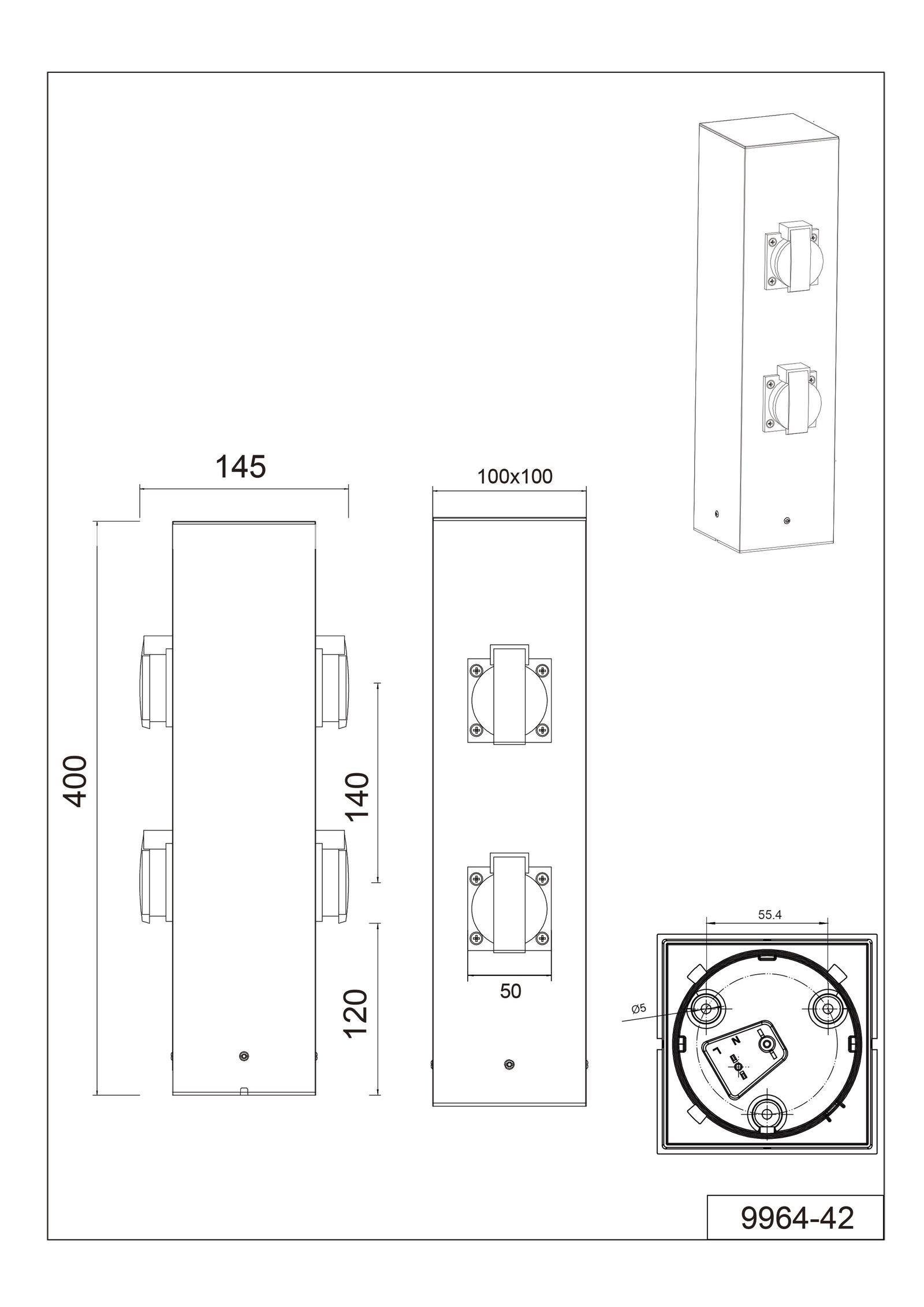 Steckdosensäule Metall an 4Steckd anth 400x100x100mm IP44