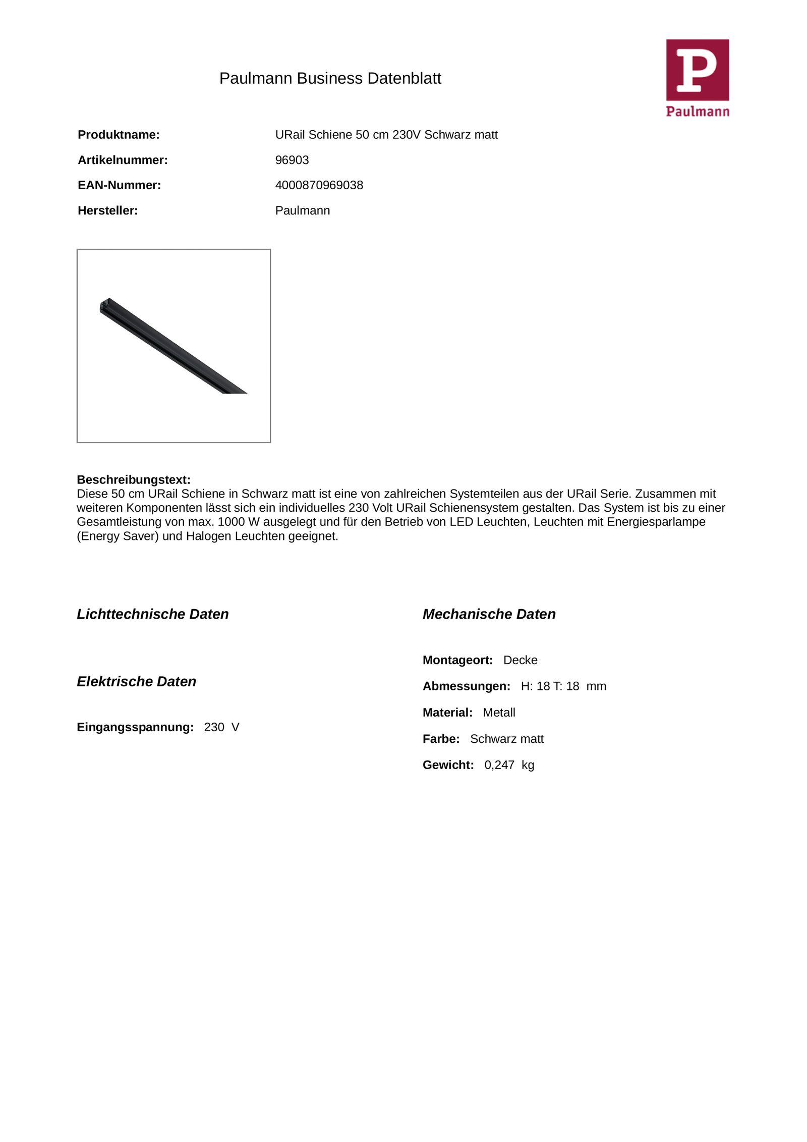 Stromschiene 1ph 500mm sw 230V Alu 18x18mm rechteck