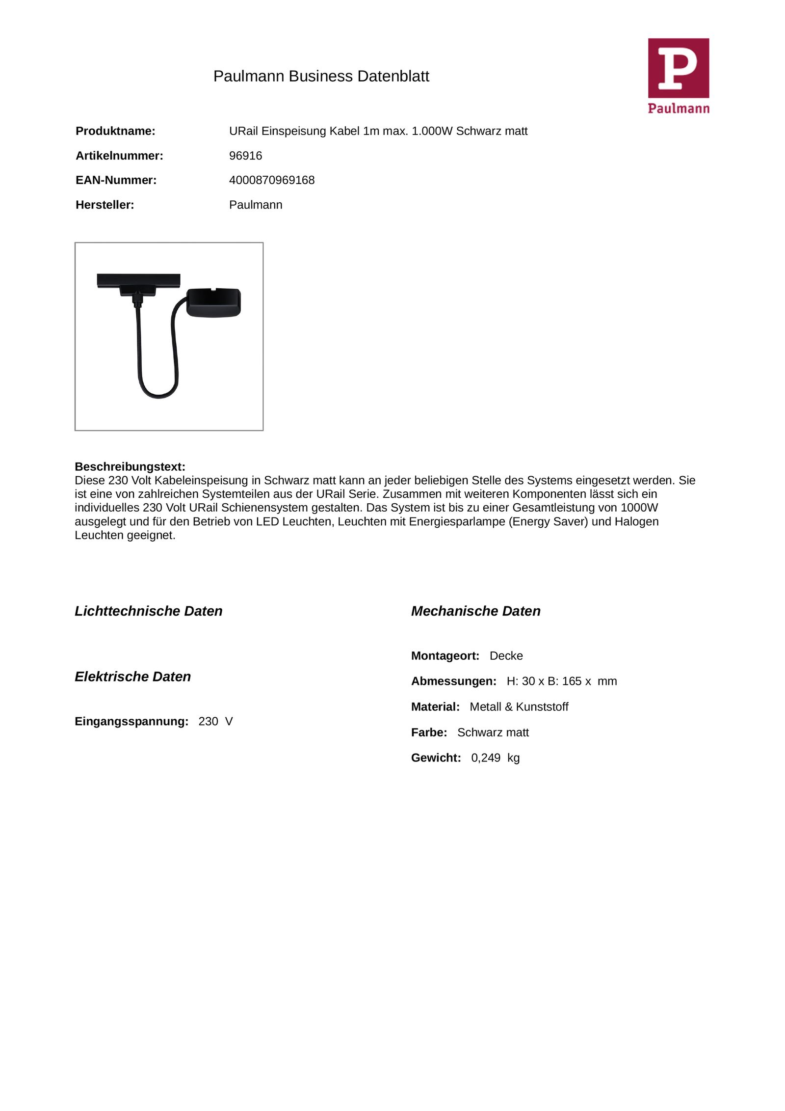 End-Einspeisung sw 1000mm