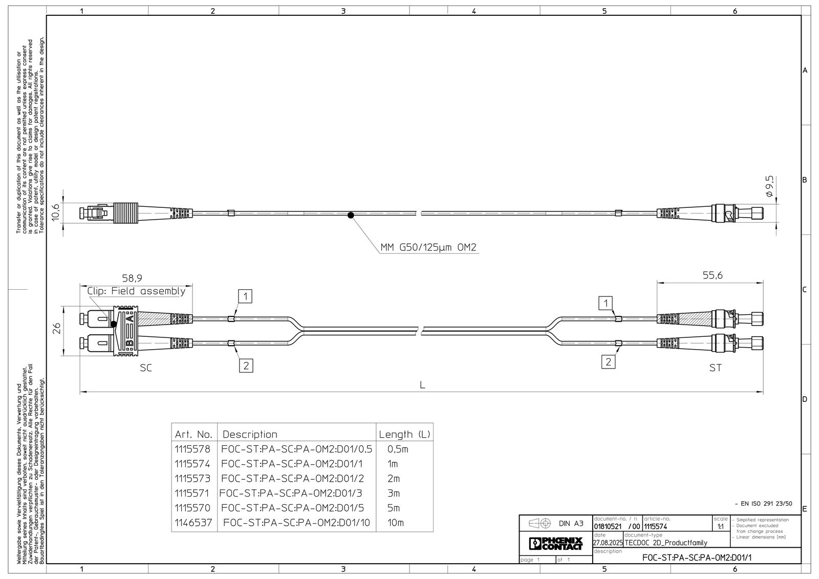 LWL-Patchkabel ST-D/SC-D 50/125 OM2 1m or MM50/125