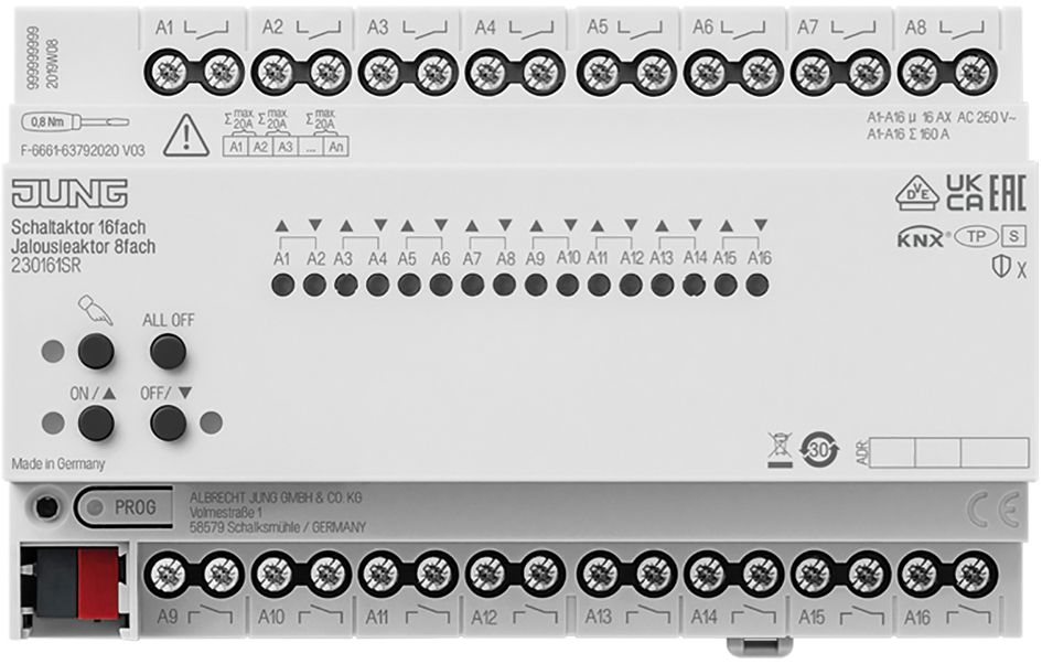 Schaltaktor KNX REG 8TE 16f 16A 3000W 110-230V Vor Ort-/Handbedienung