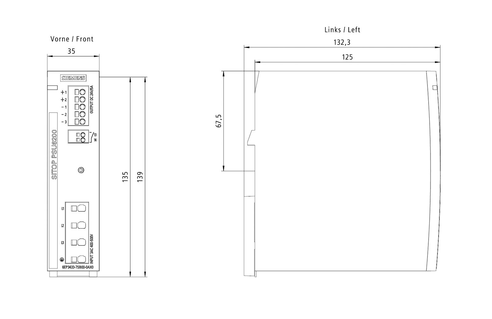 Gleichstromversorgung REG 24V 120W 5A 400-500VUC f.Reiheneinb 450-600VAC/DC