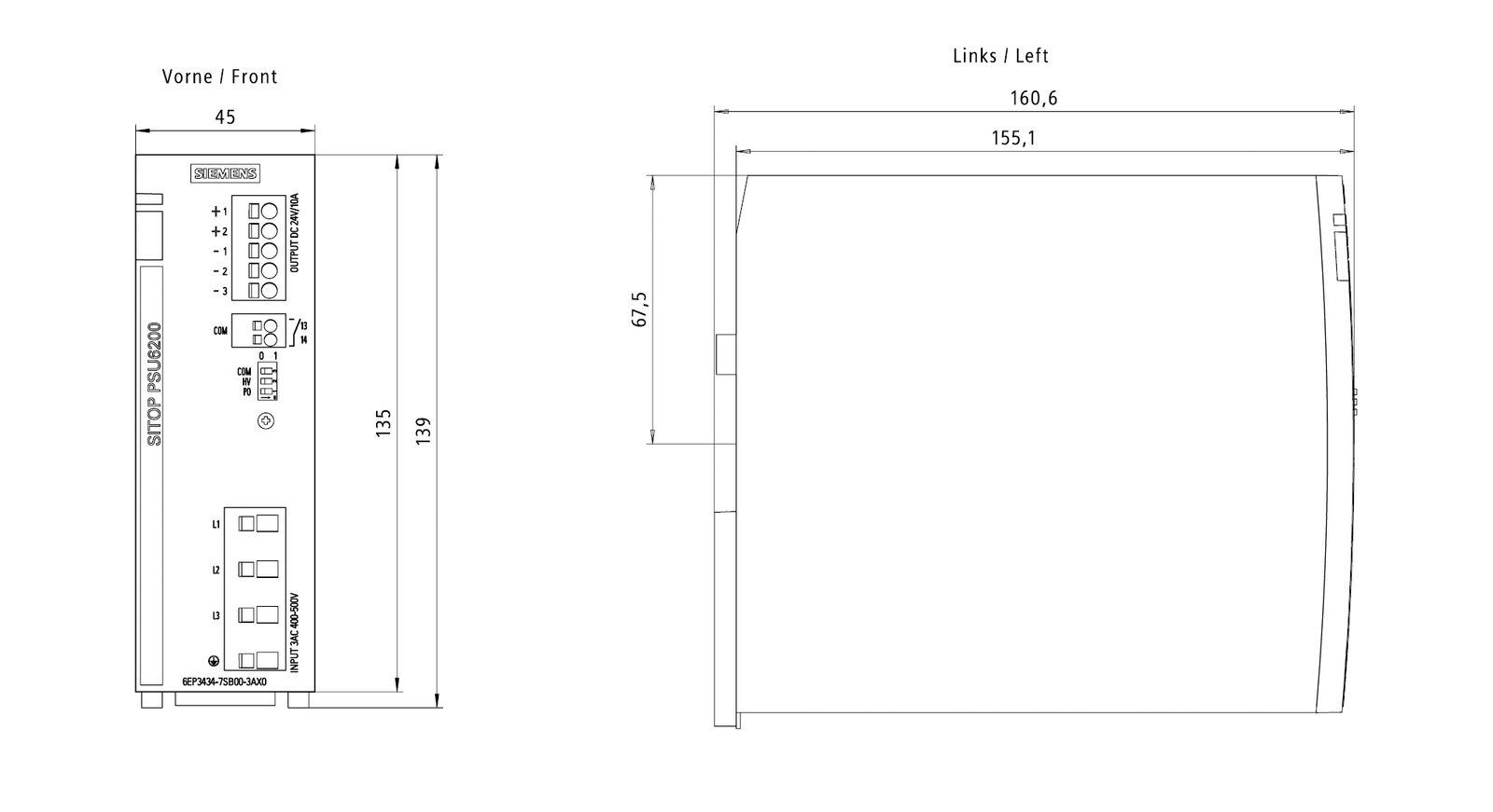 Gleichstromversorgung REG 24V 240W 10A 400-500VUC f.Reiheneinb 450-600VAC/DC