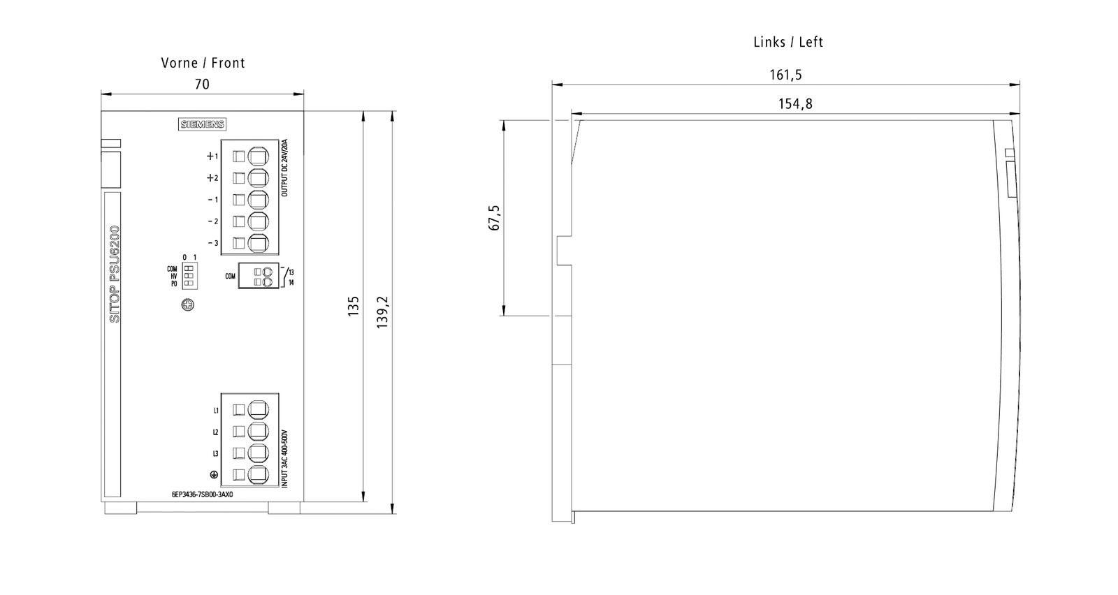 Gleichstromversorgung REG 24V 480W 20A 400-500VUC f.Reiheneinb 450-600VAC/DC