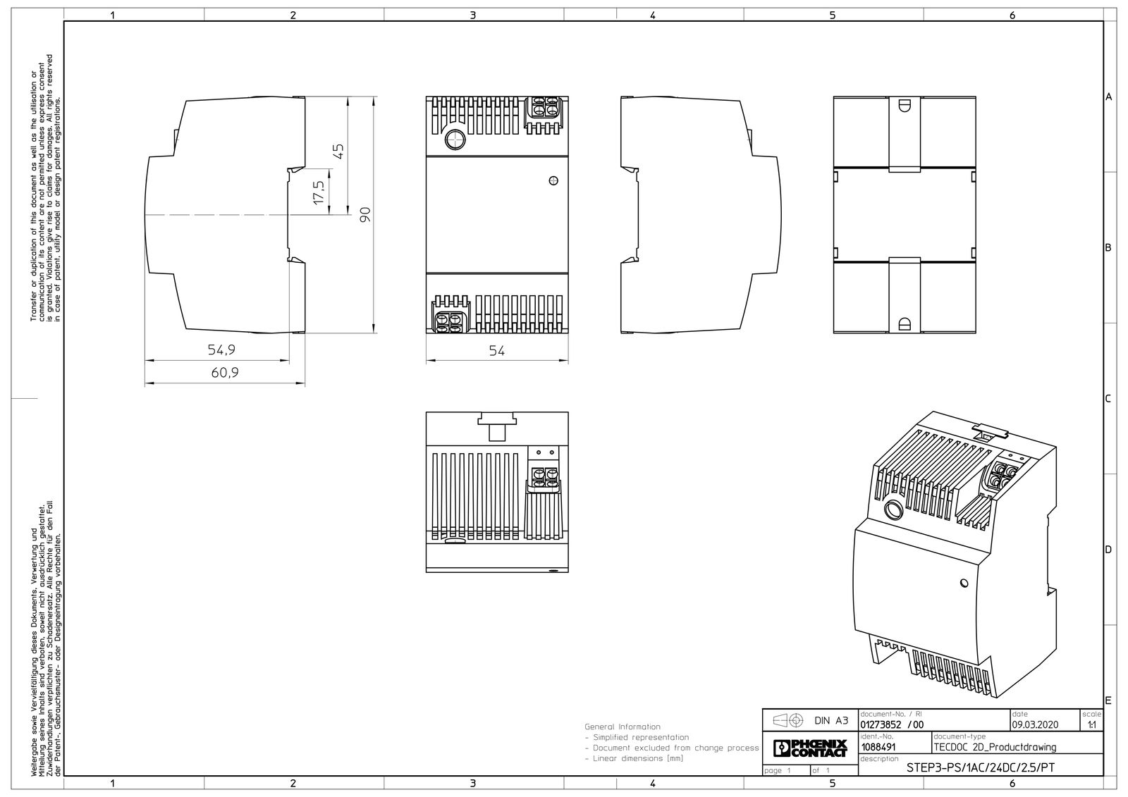 Gleichstromversorgung REG 24V 60W 2,5A 100-240VUC f.Reiheneinb 110-250VAC/DC