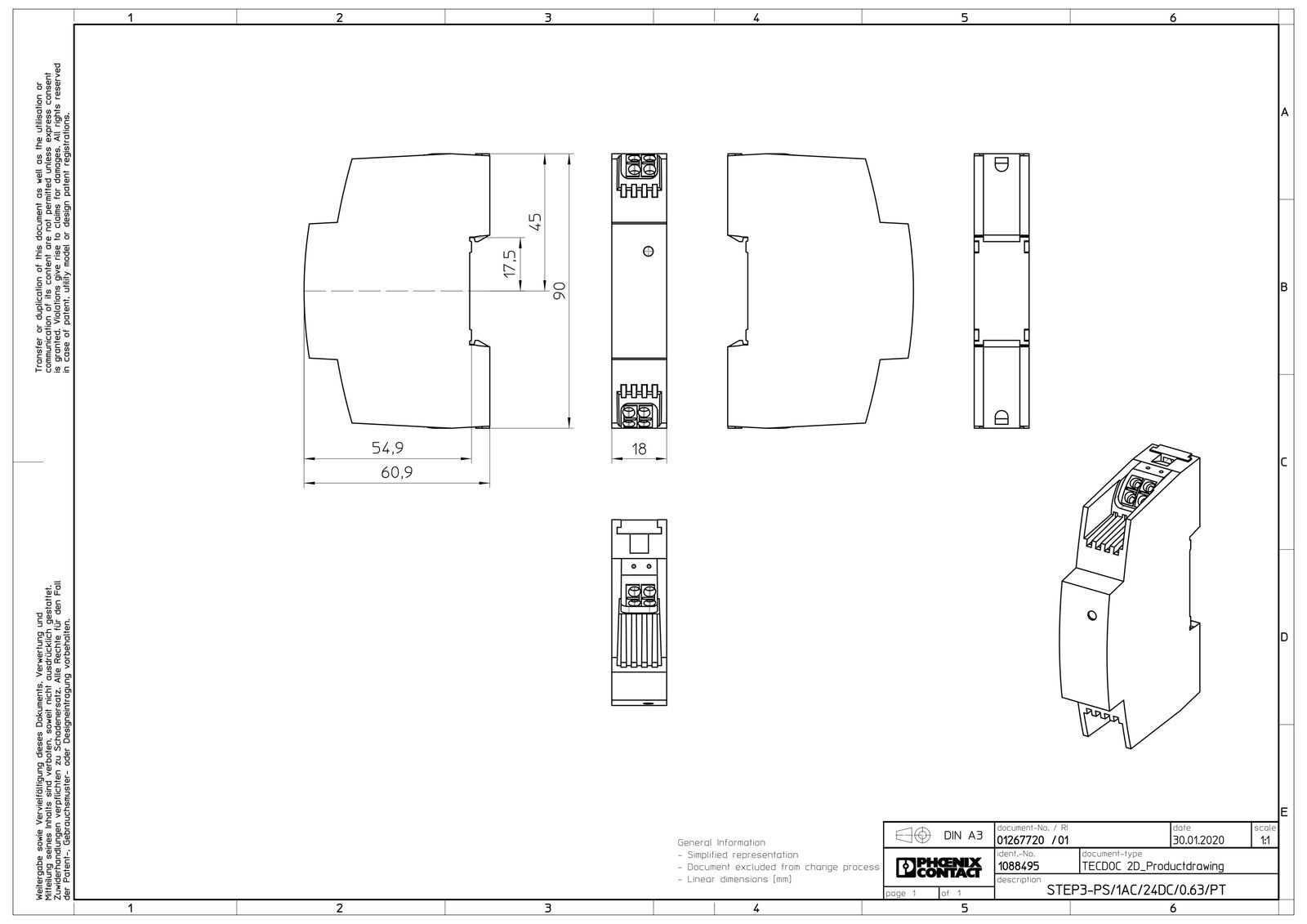 Gleichstromversorgung REG 24V 15W 0,63A 100-240VUC f.Reiheneinb 110-250VAC/DC