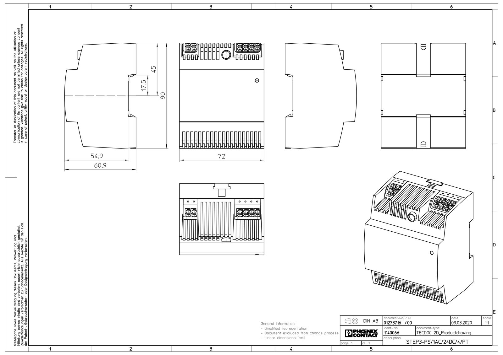 Gleichstromversorgung 24V 96W 100-240VUC 110-250VAC/DC 4A 4TE Kurzschlussf IP20