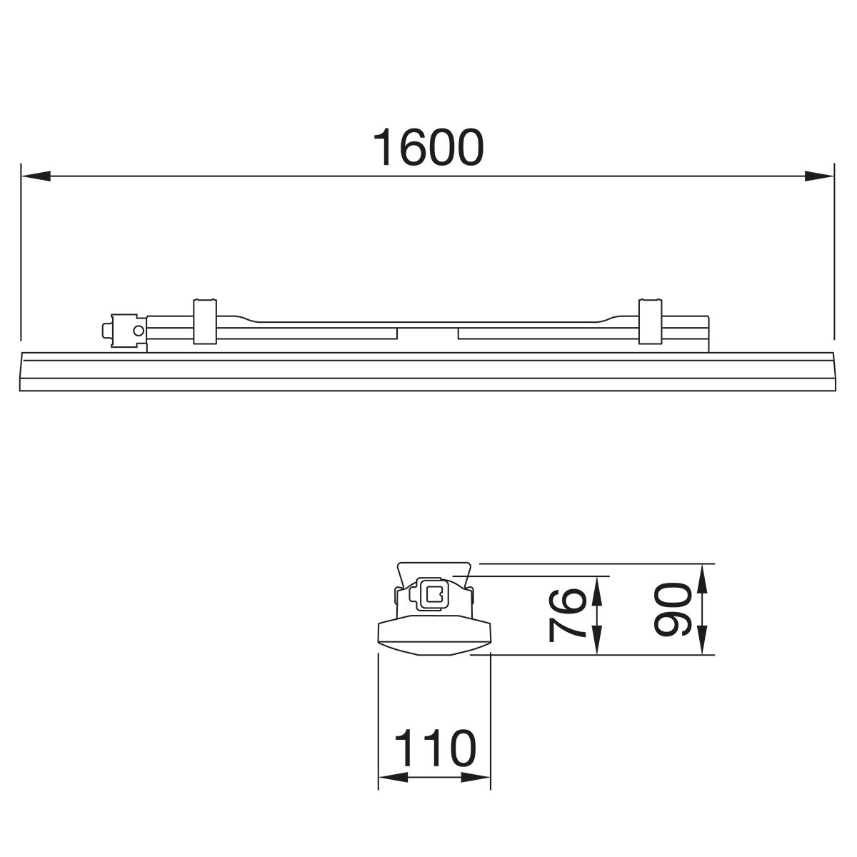 LED-Feuchtraumleuchte 63W 3000K 6900lm gr Konv Dimmung DALI IP66 1600x110x90mm