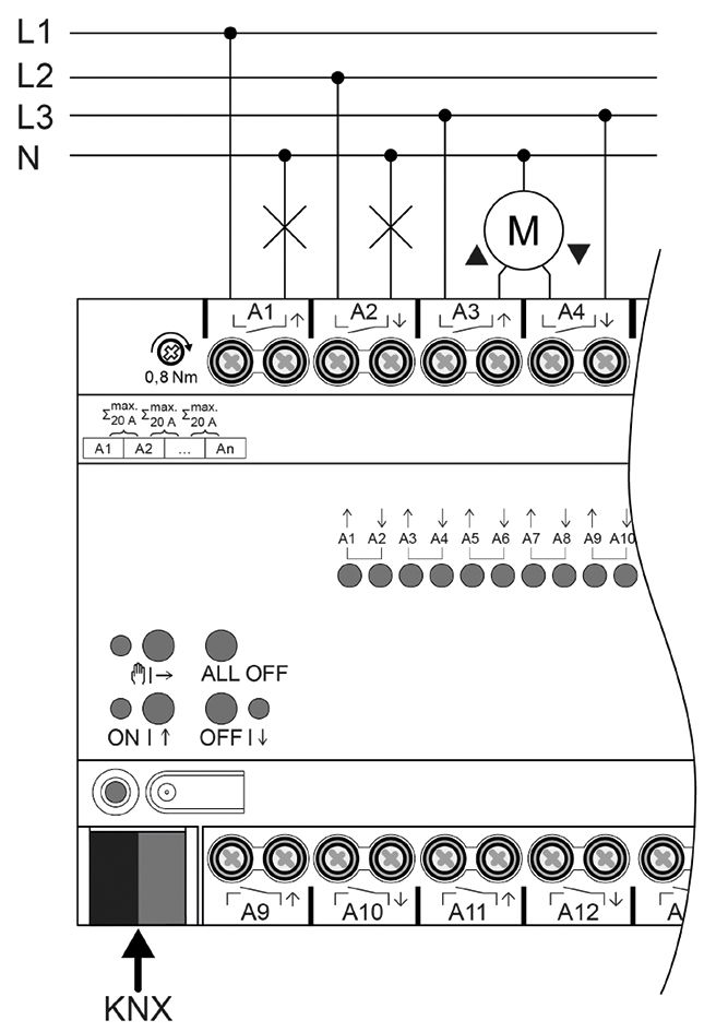 Kombi I/O Gerät KNX REG 6Ausg Handbedien LED Vor Ort-/Handbedienung m.LED-Anz
