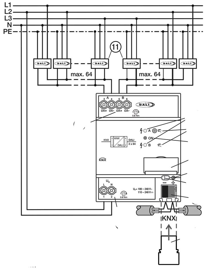 Gateway DALI KNX REG 100-230V LED 4TE m.LED-Anz IP20