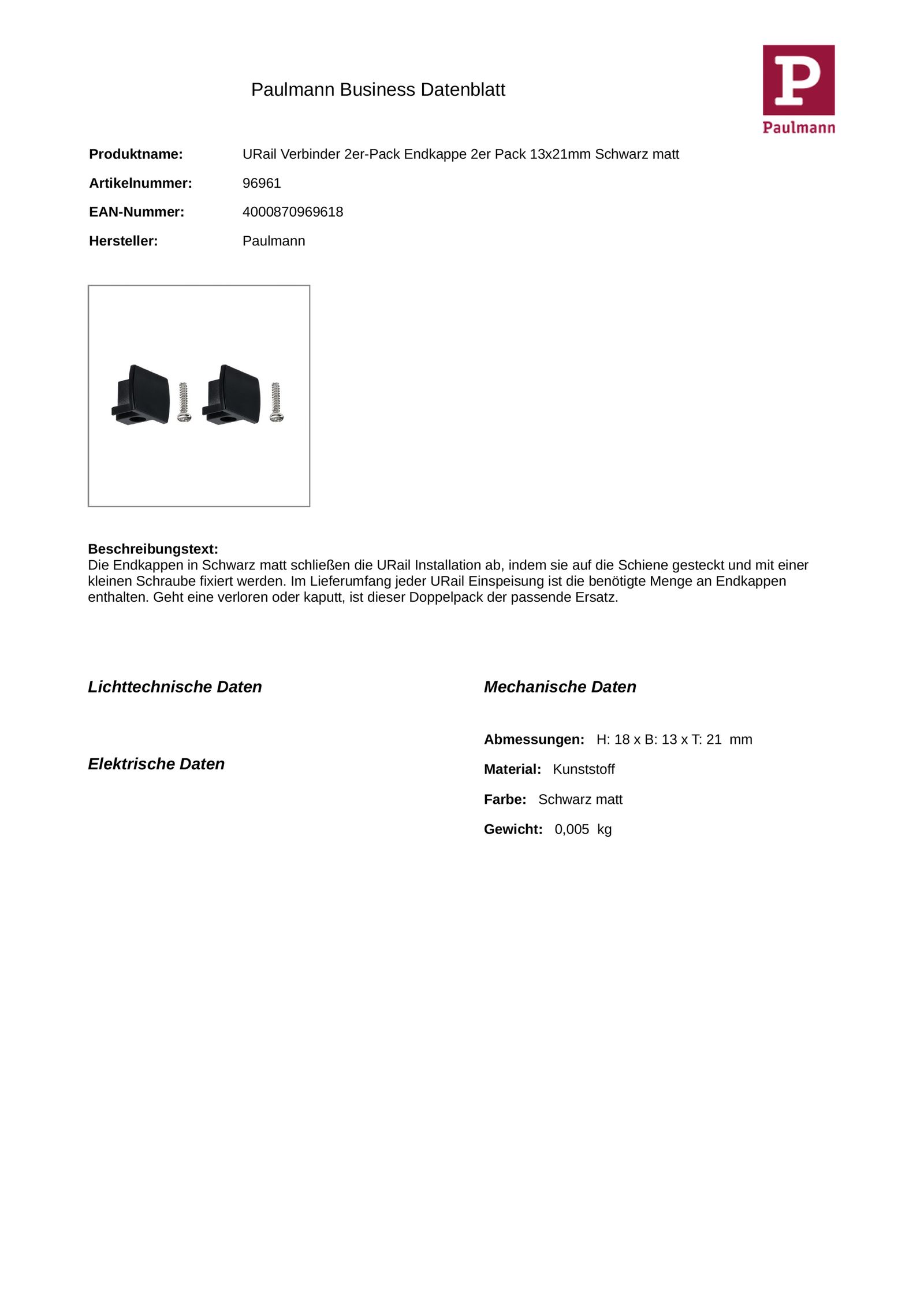 Endkappe sw Kst L21mm B13mm H18mm
