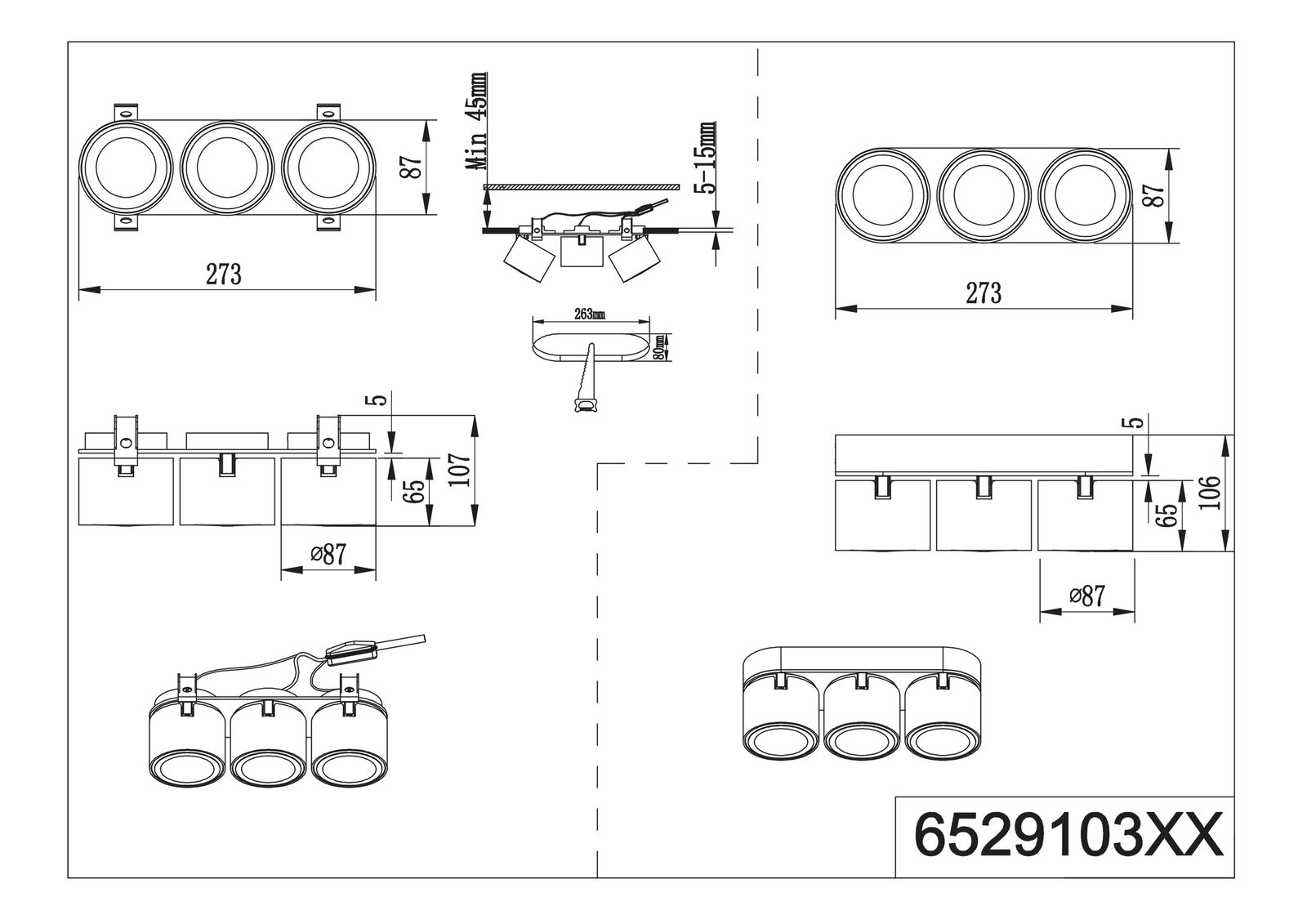 LED-Ein-/Anbauleuchte TAURUS 15W 3000K 1350lm sw Konv IP20 273x87x106mm