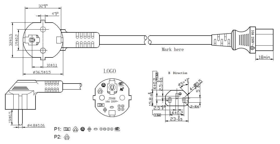 Netzanschlussleitung 2m 3x0,75qmm 10A sw IP20 3-polige Buchse (AU) 0-70°C