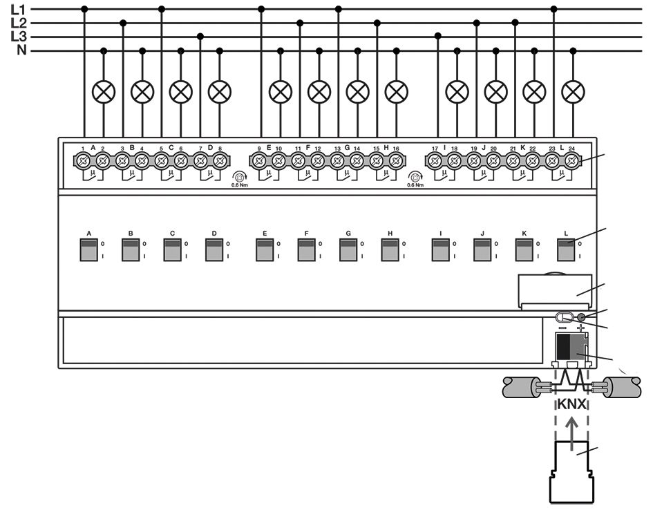 Schaltaktor KNX C-Last REG 12TE 12Ausg 20A 3680W 230V Vor Ort-/Handbedienung