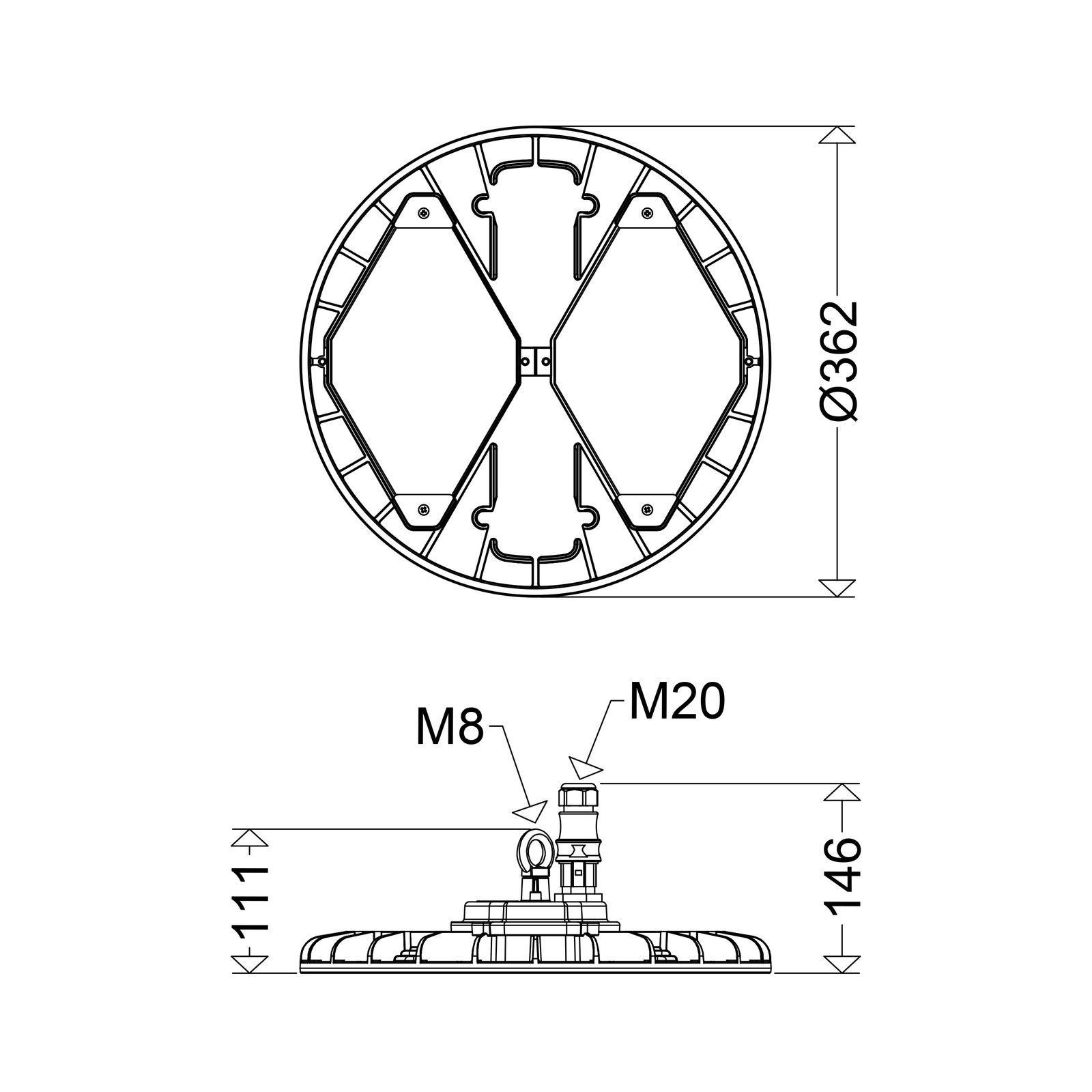 LED-Hallenleuchte 5000K TRIANO disc 123W 20000lm sym IP65 Mit Schutzabdeckung