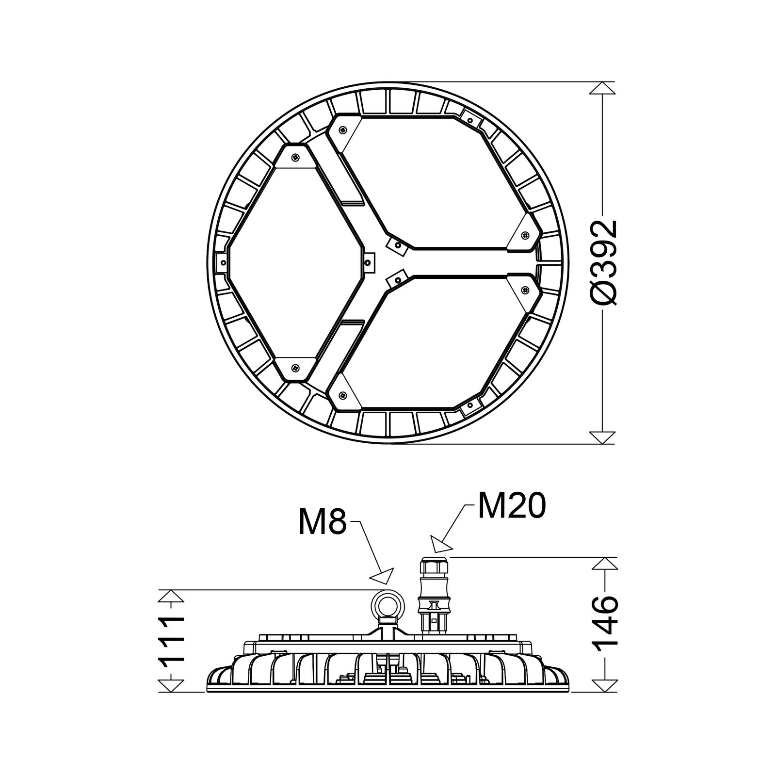 LED-Hallenleuchte 5000K TRIANO disc 195W 30000lm sym IP65 Mit Schutzabdeckung