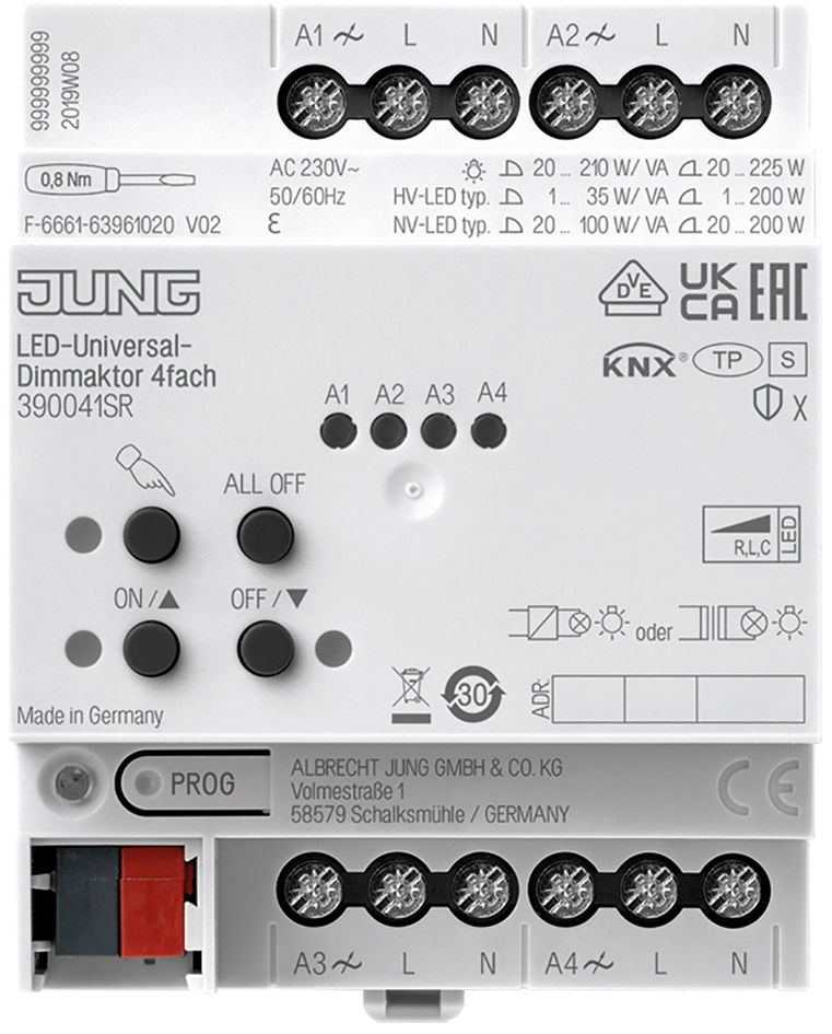 Dimmaktor KNX 0-225W REG 4TE 4Ausg Vor Ort-/Handbedienung