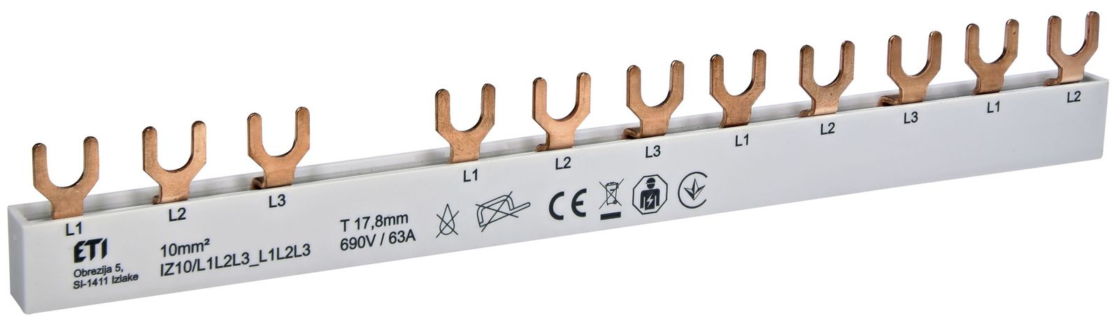 Phasenschiene 3ph 17,8mm 210mm 10qmm 63A Gabel Isoliert