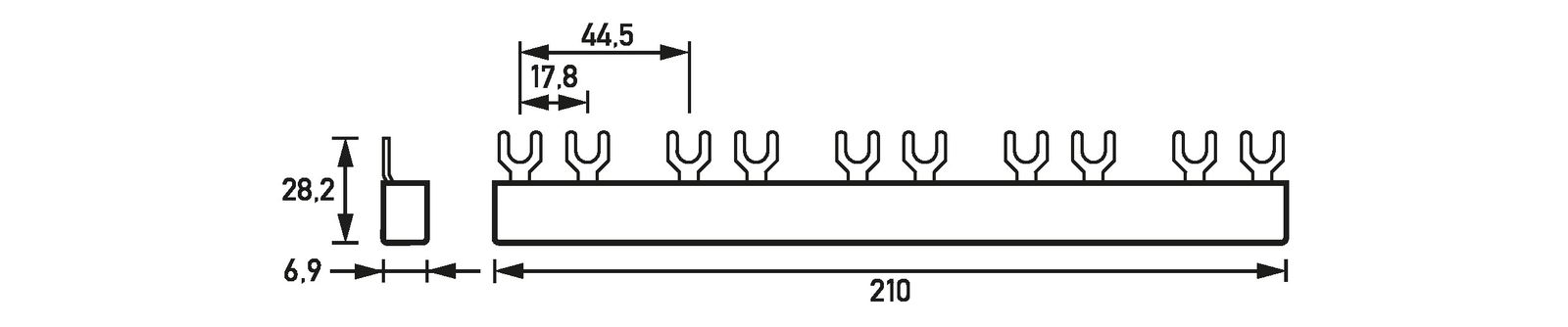 Phasenschiene 1ph 17,8mm 210mm 10qmm 63A Gabel Isoliert f.Gerät_m.N-Leiter