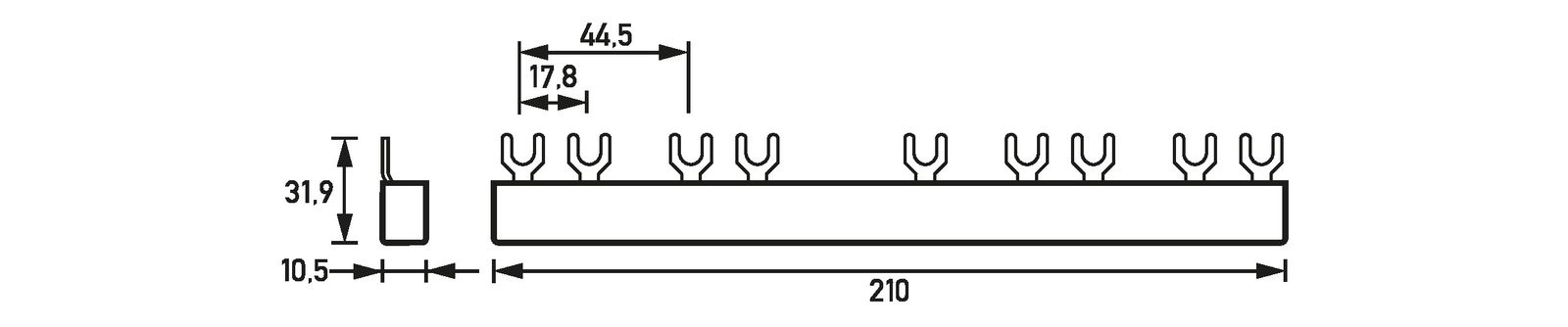 Phasenschiene 3+N 17,8mm 210mm 16qmm 80A Gabel Isoliert f.Gerät_m.N-Leiter