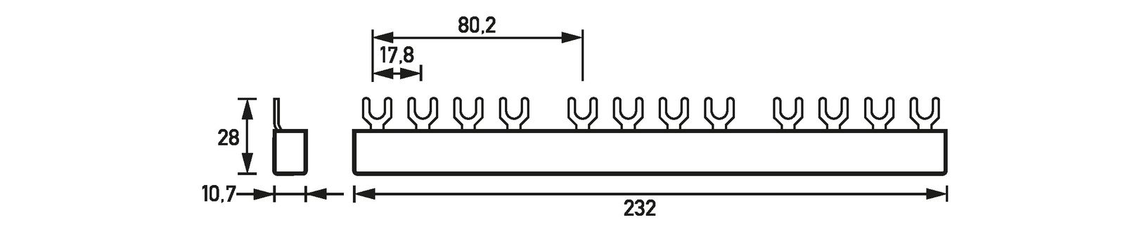 Phasenschiene 3+N 17,8mm 232mm 10qmm 63A Gabel Isoliert f.Gerät_m.N-Leiter
