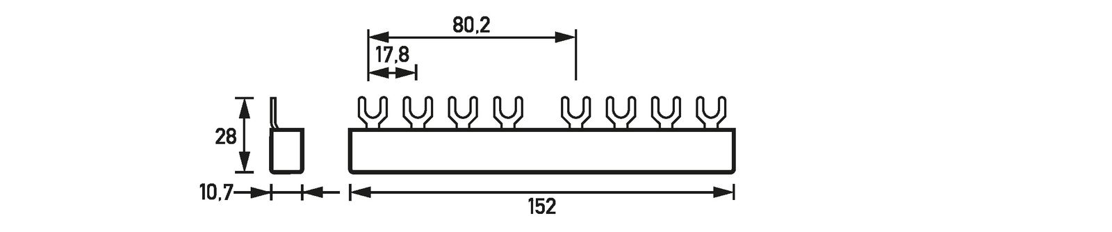 Phasenschiene 3+N 17,8mm 152mm 10qmm 63A Gabel Isoliert f.Gerät_m.N-Leiter