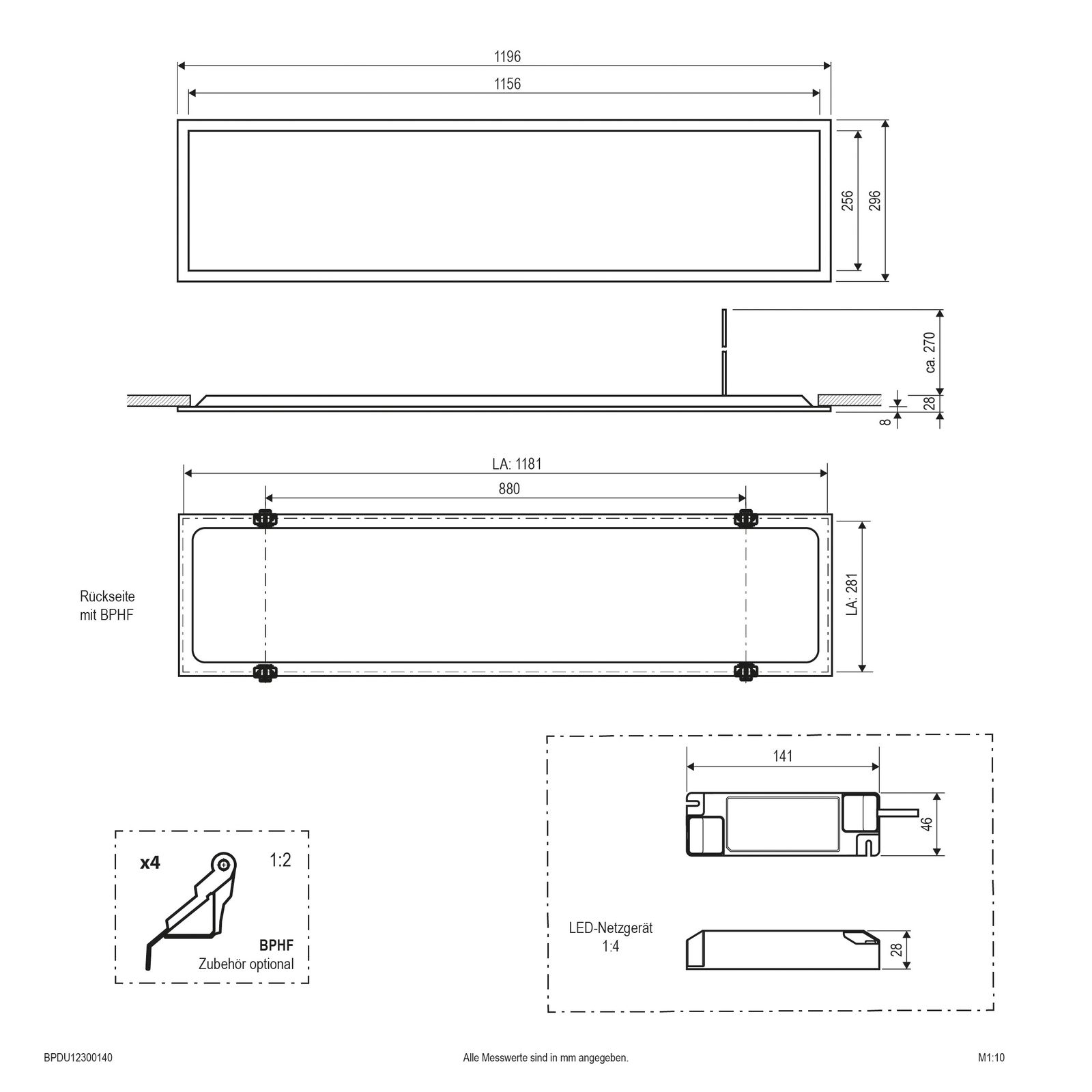 LED-Panel 1196x296mm 30W 4000K 3900lm ws Konv Dimmung DALI IP20