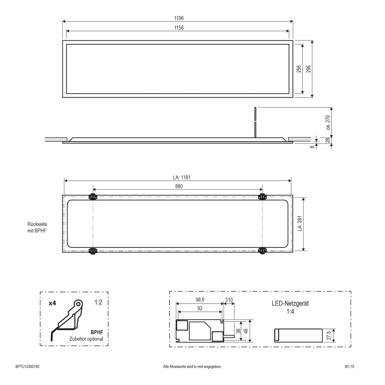 LED-Panel 1196x296mm 30W 4000K 3900lm ws Konv Dimmung Phasenabschnitt IP20
