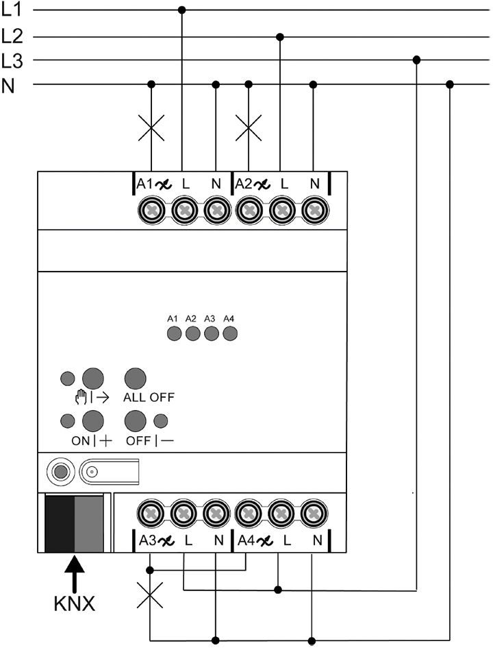 Dimmaktor KNX 3-250W REG 4TE 4Ausg uni Vor Ort-/Handbedienung