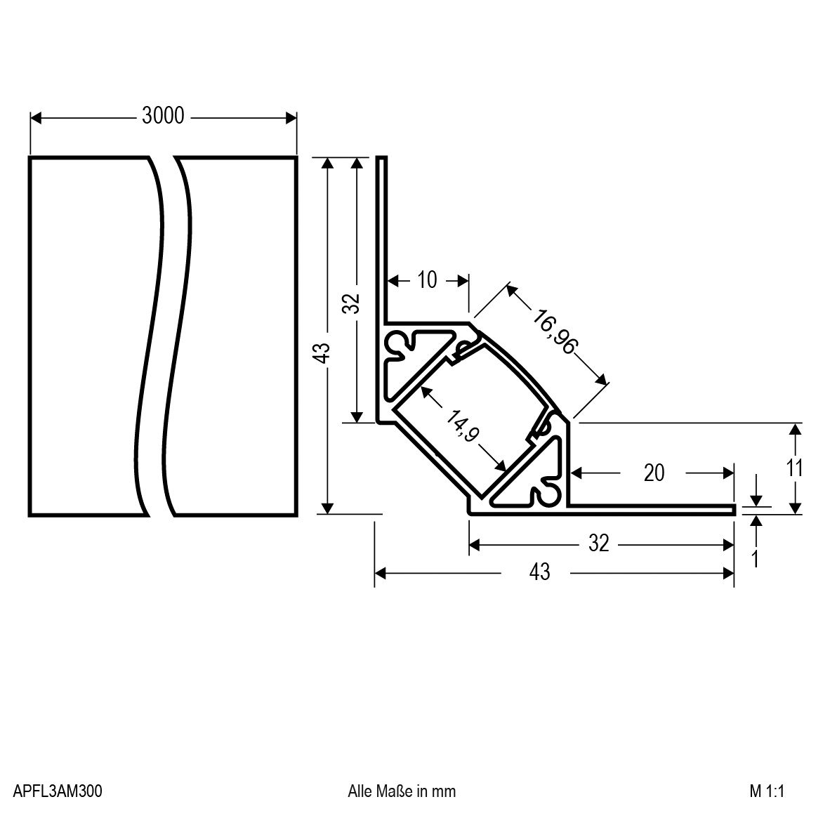 Kantenprofil si sym direkt Alu 3000x43x43mm