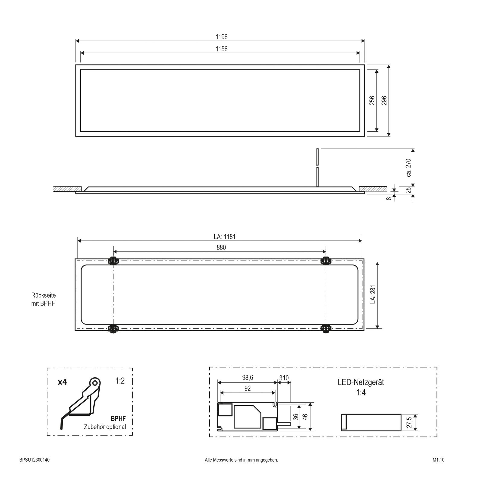 LED-Panel 1196x296mm 30W 4000K 3900lm ws Konv IP20