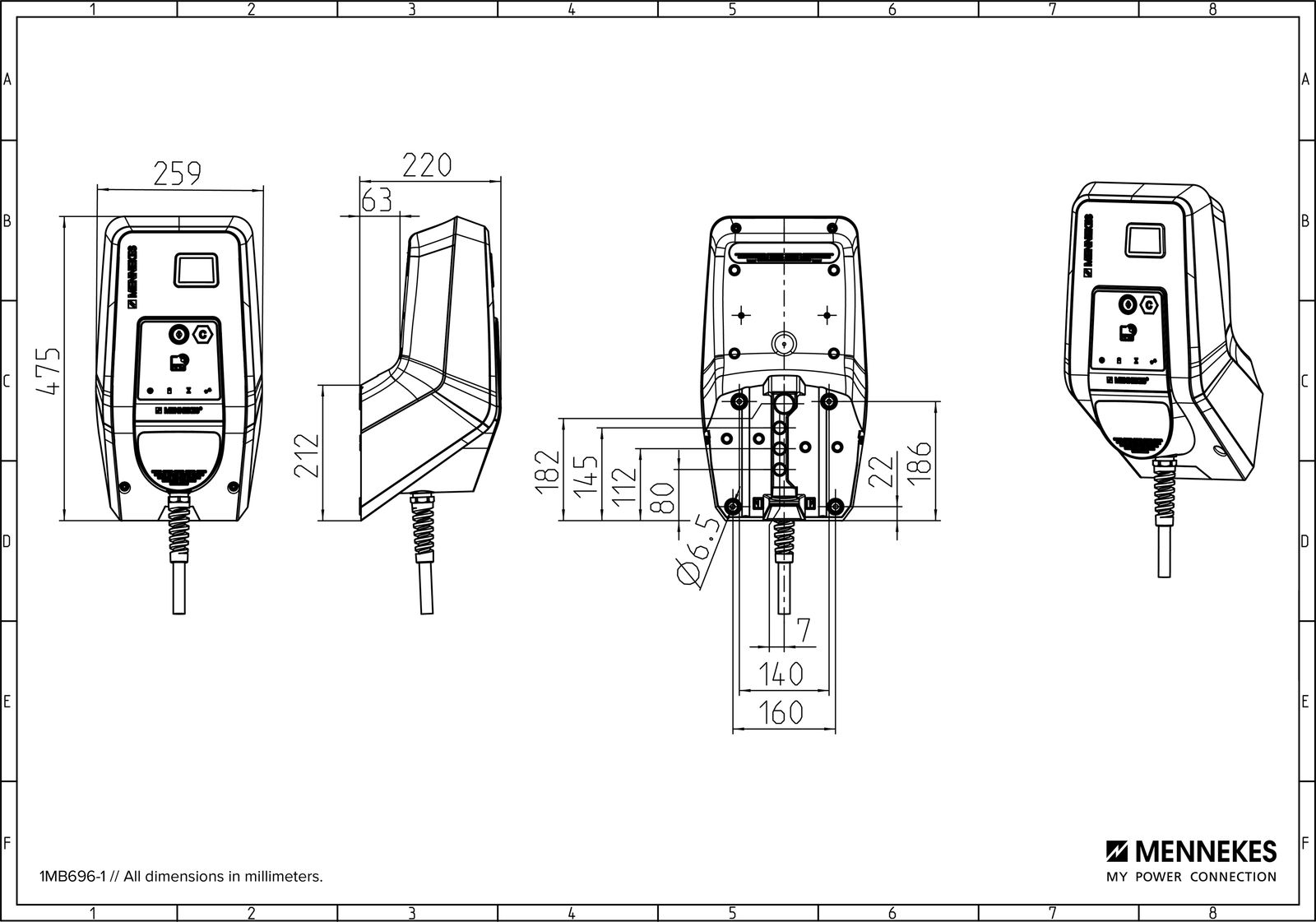 Wallbox 22kVA 3ph L7,5m 1f 22kW/Ladep IP44 259x475x220mm Wandmont Kst IK10