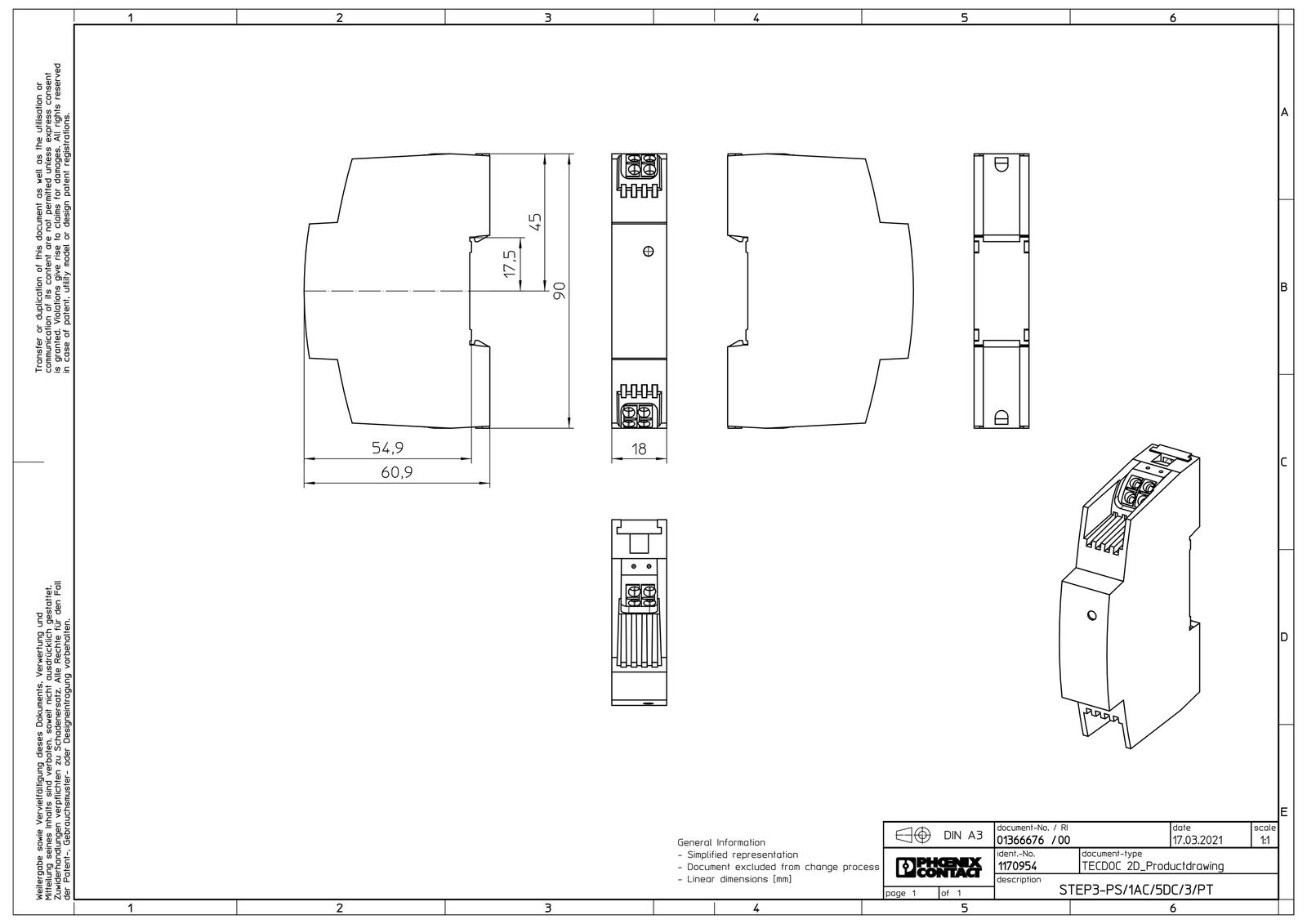 Gleichstromversorgung REG 5V 15W 3A 1TE 100-240VUC f.Reiheneinb 110-250VAC/DC