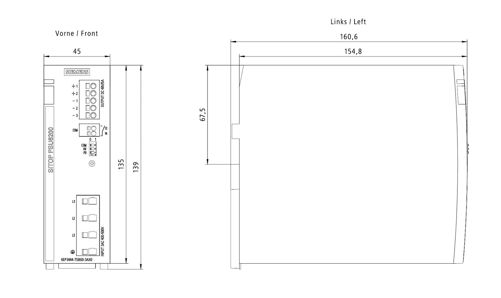 Gleichstromversorgung REG 48V 240W 5A 400-500VUC f.Reiheneinb 450-600VAC/DC