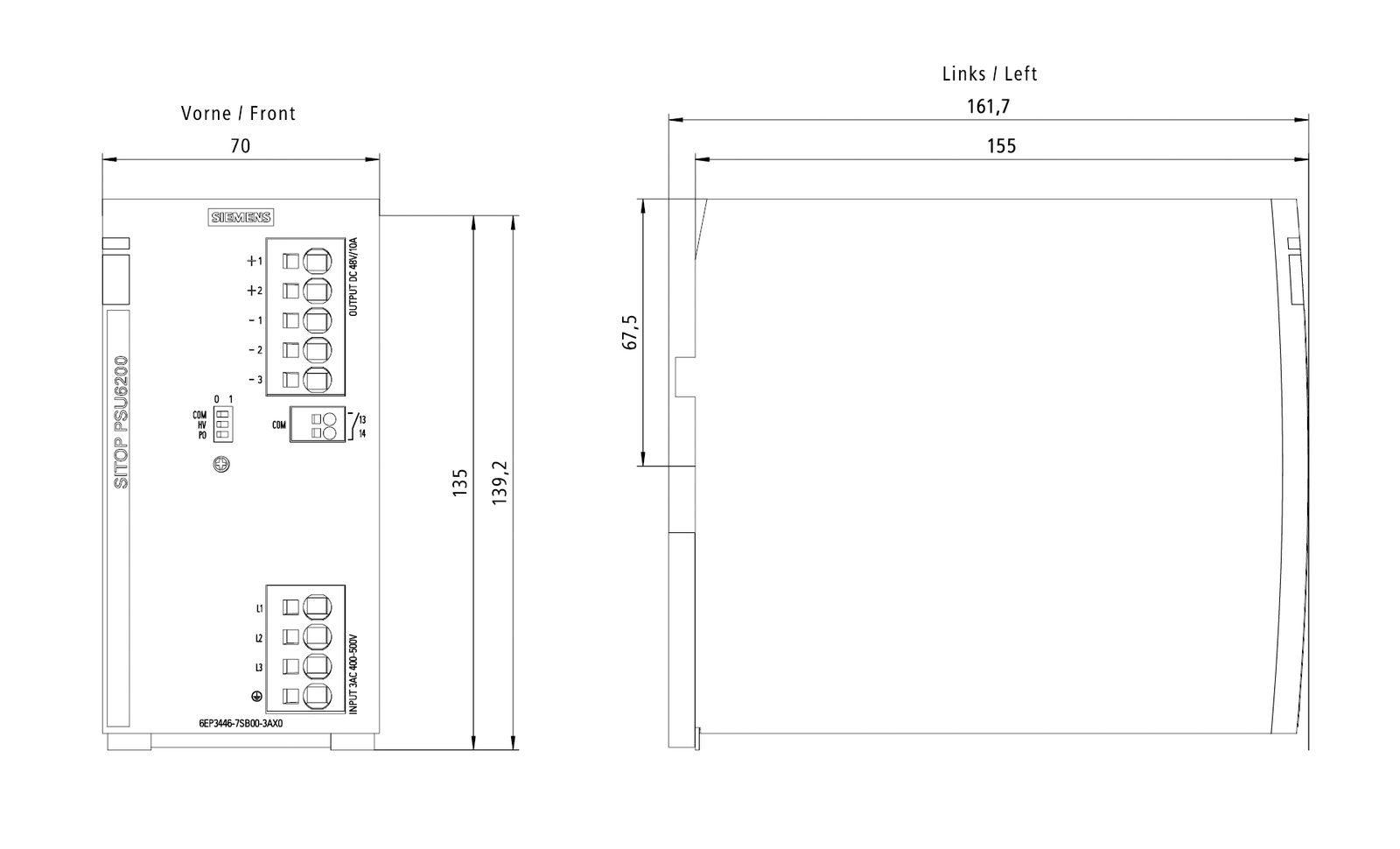 Gleichstromversorgung REG 48V 480W 10A 400-500VUC f.Reiheneinb 450-600VAC/DC