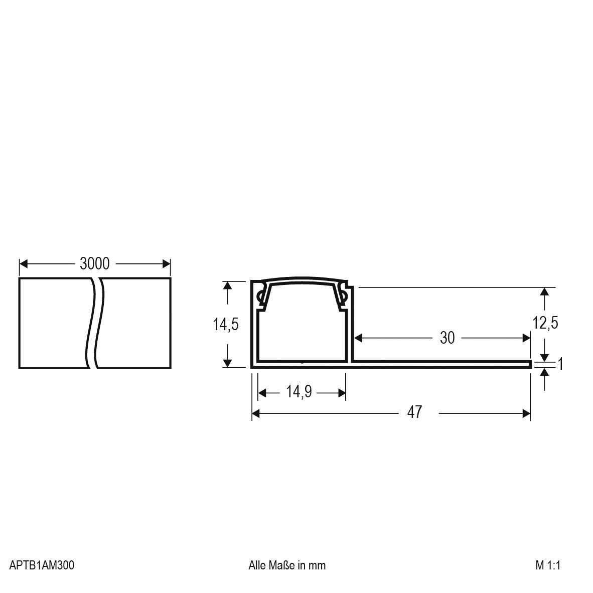 Anbauprofil alu sym direkt Alu 3000x47x14,5mm