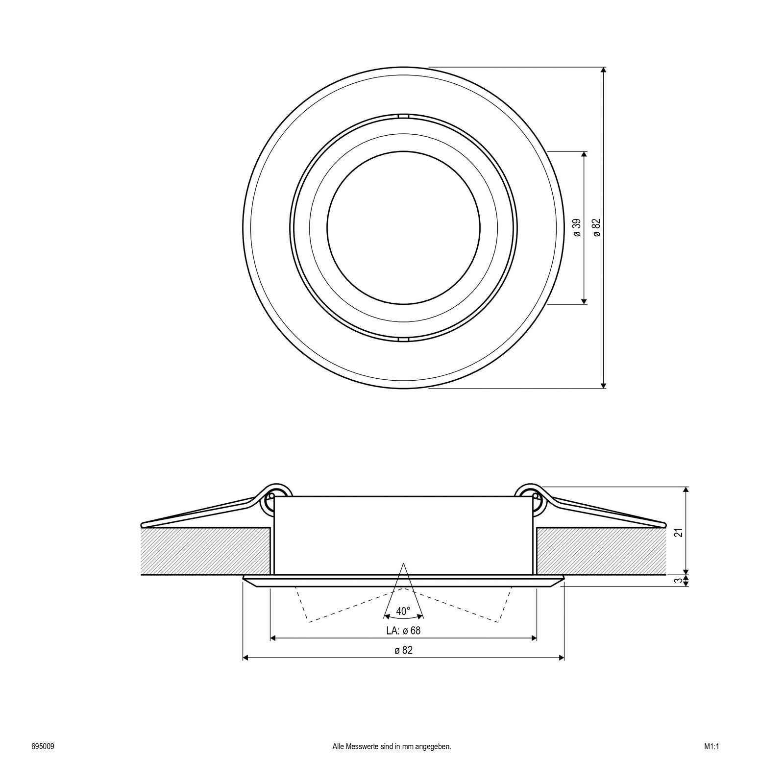 Einbaustrahler 50W Konv GX5,3 sw mt IP20 Alu Ø/EB68mm