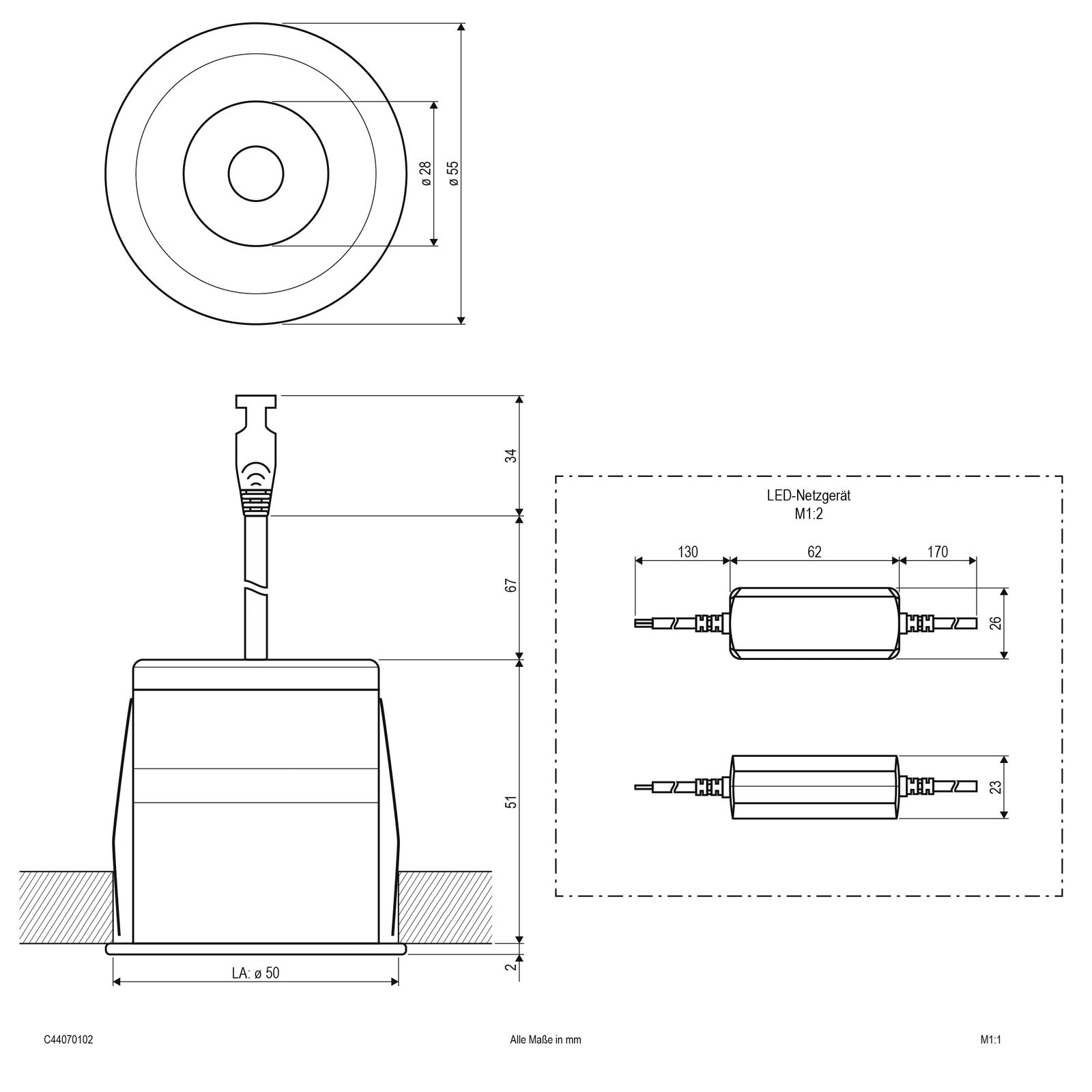 LED-Einbaustrahler 7W 3000K 449lm Konv ws mt 1LED Alu IP44 Schraubkl Ø/EB50mm