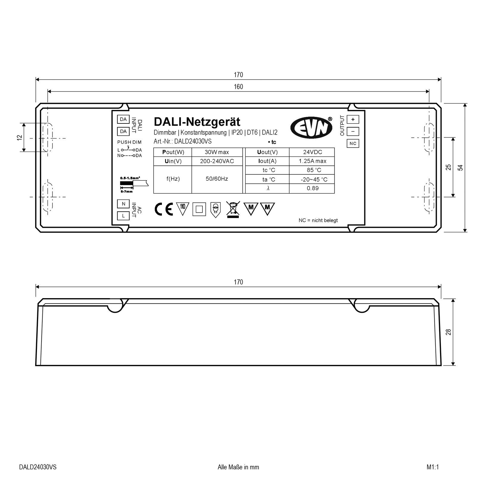 LED-Trafo 0,1-30W 1250mA 24V IP20 DALI Dimmung DALI Kstgeh dyn 168x54x29mm