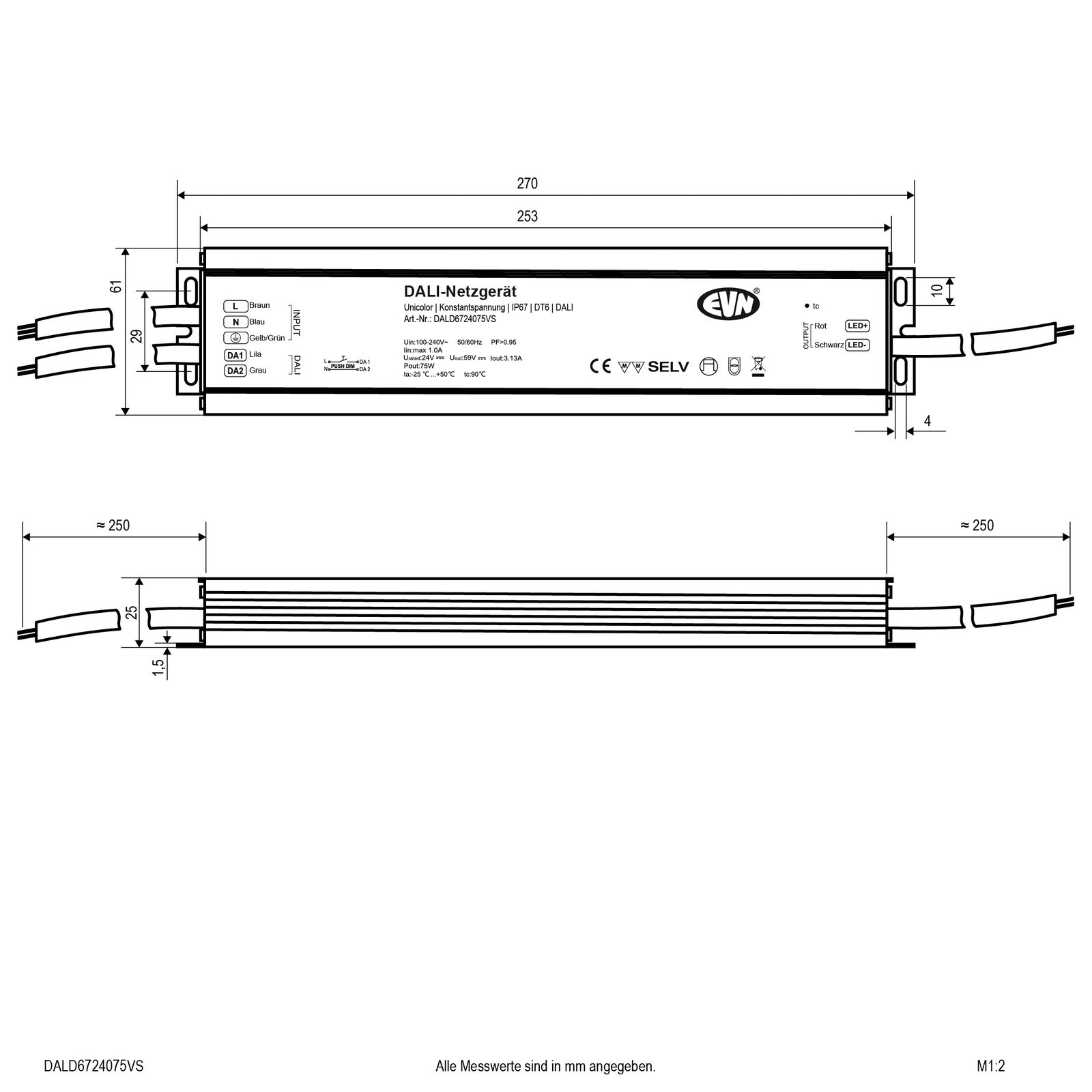 LED-Trafo 0,1-75W 3130mA 24V IP67 DALI Dimmung DALI Metallgeh dyn 270x61x25mm