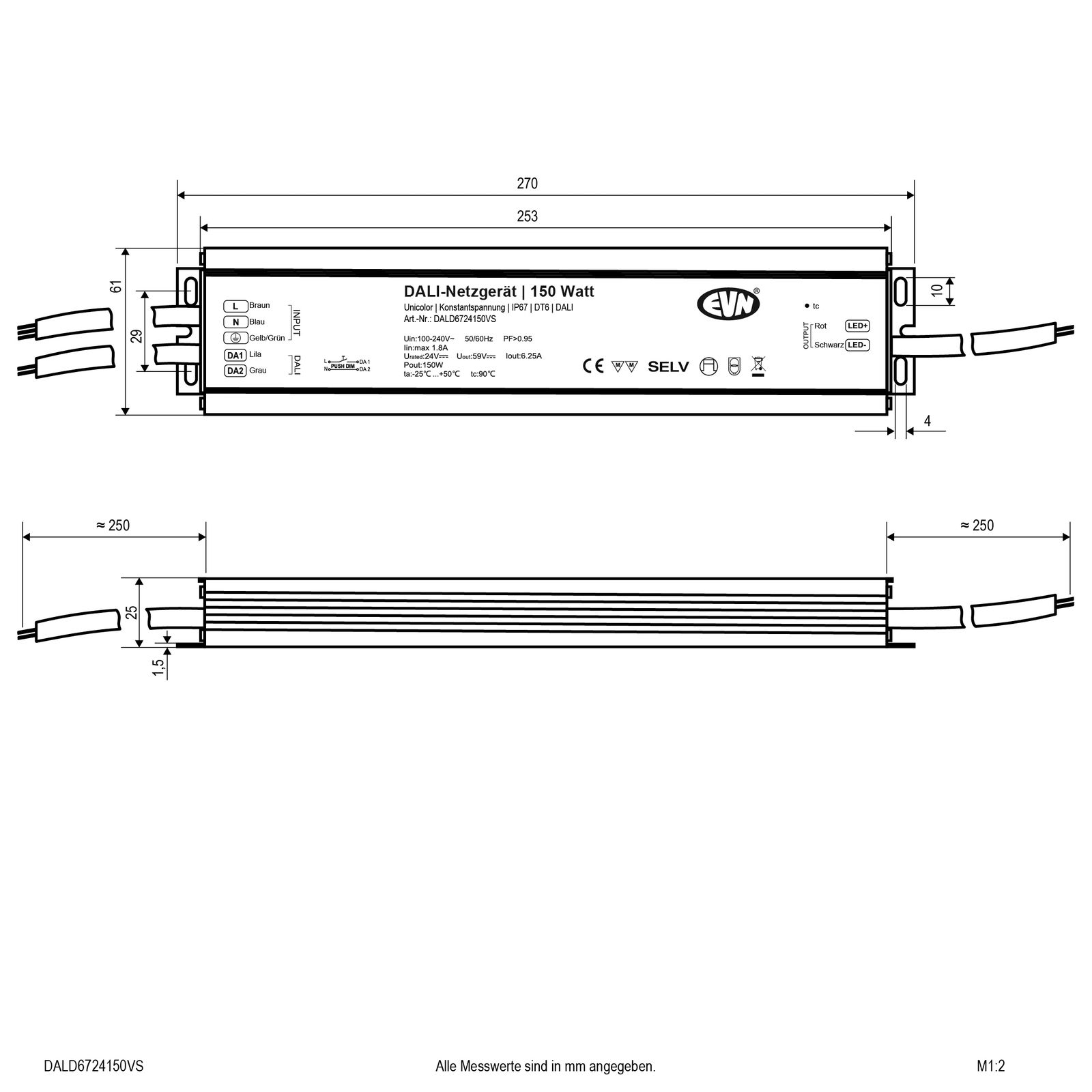 LED-Trafo 0,1-150W 6250mA 24V IP67 DALI Dimmung DALI Metallgeh dyn 270x61x25mm
