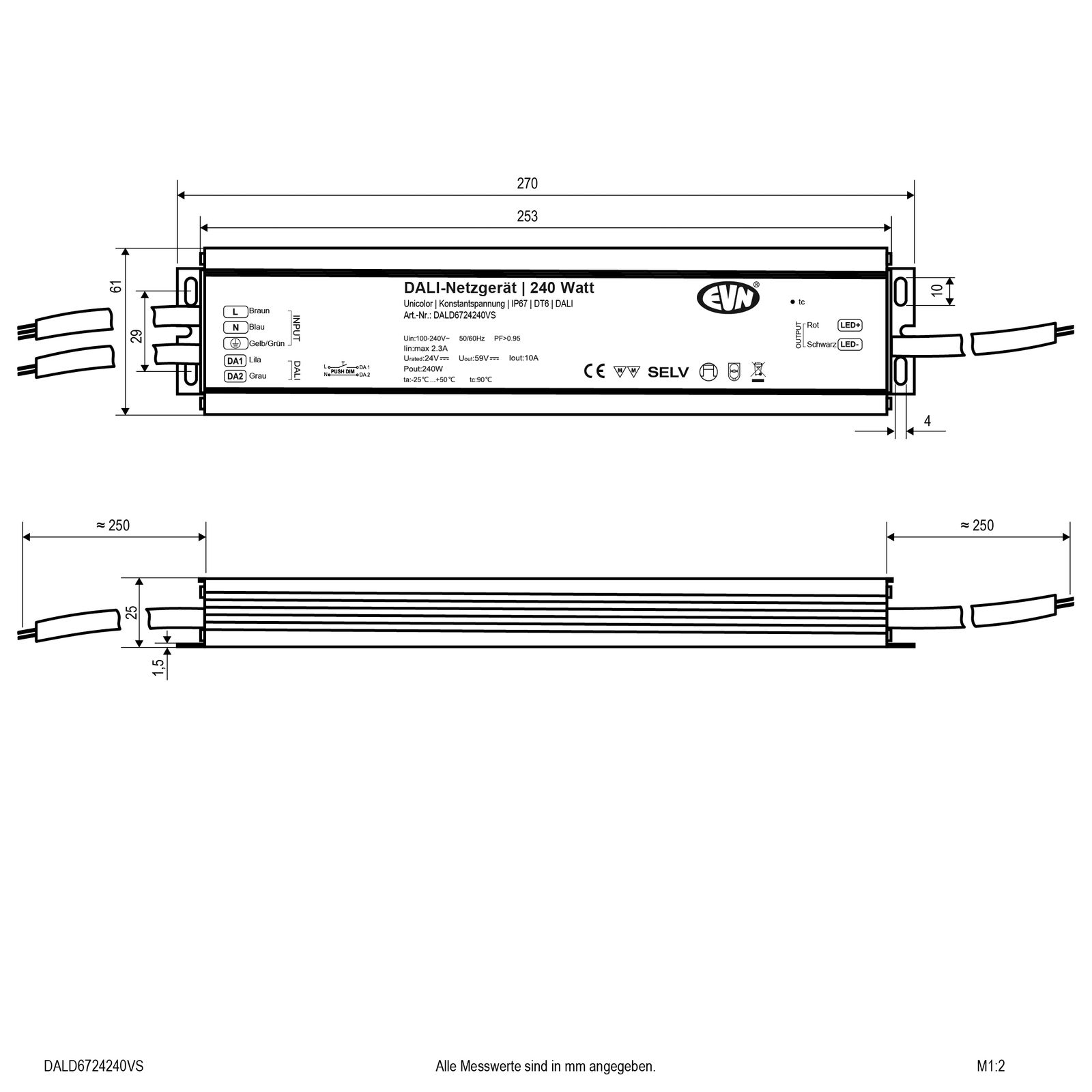 LED-Trafo 0,1-240W 10000mA 24V IP67 DALI Dimmung DALI Metallgeh dyn 270x61x25mm