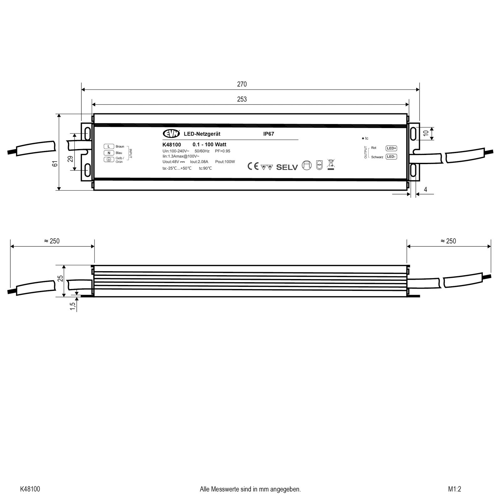 LED-Trafo 0,1-100W 48V IP67 Metallgeh stat 270x61x25mm