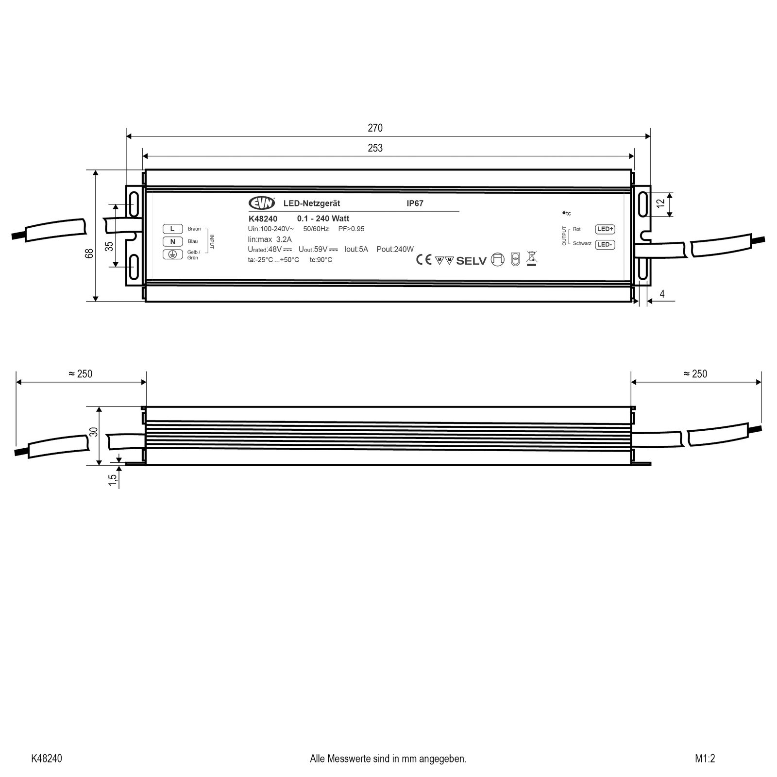 LED-Trafo 0,1-240W 48V IP67 Metallgeh stat 270x68x30mm