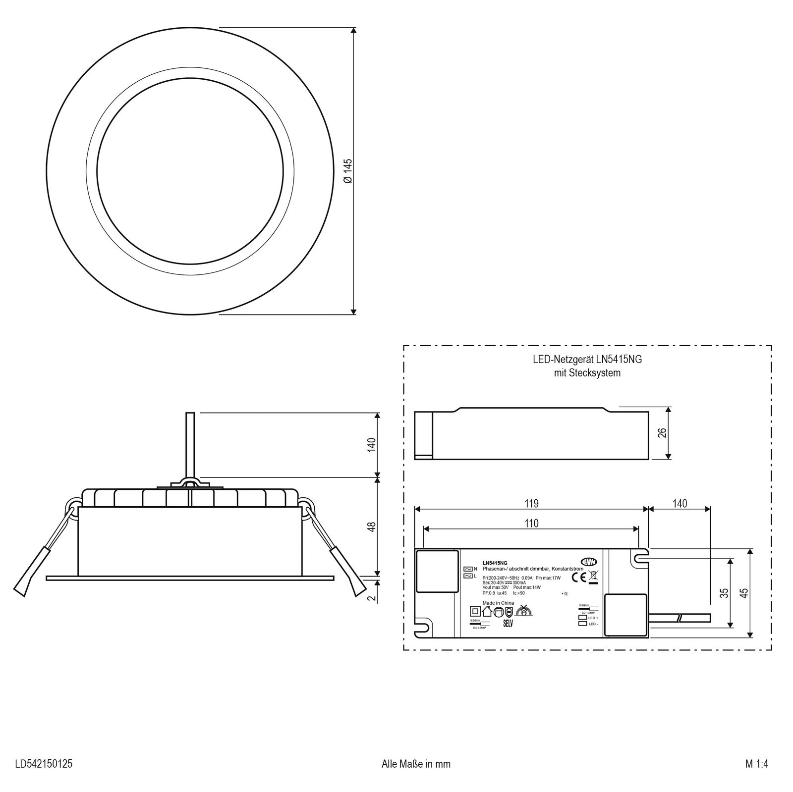LED-Einbaustrahler 15W 3000-5700K 1580lm Konv Dimmung DALI 1LED Alu IP54 ws mt