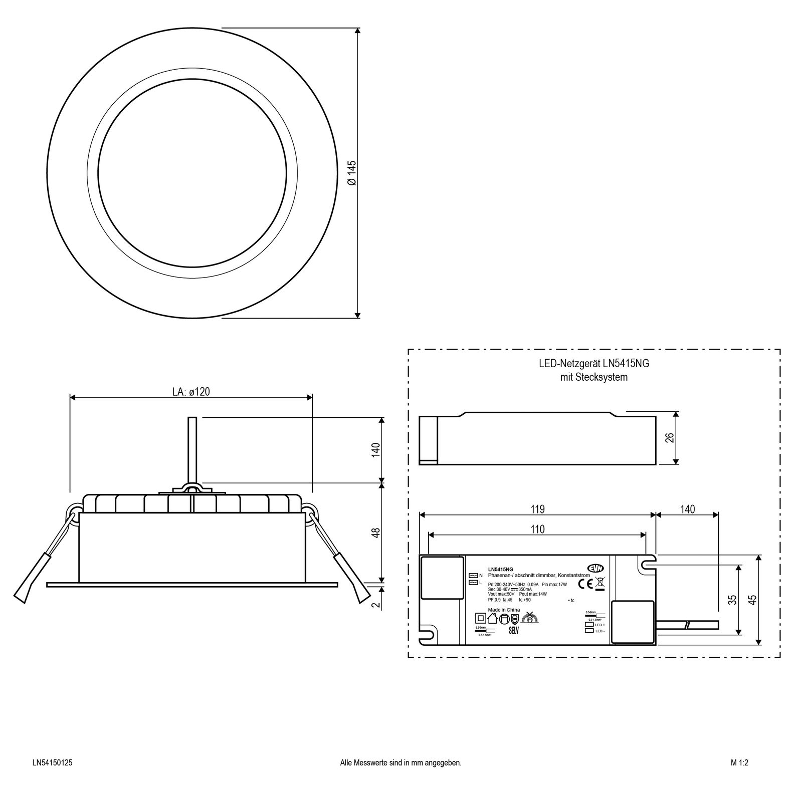 LED-Einbaustrahler 15W 3000-5700K 1580lm Konv 1LED Alu IP54 ws mt Ø/EB120mm