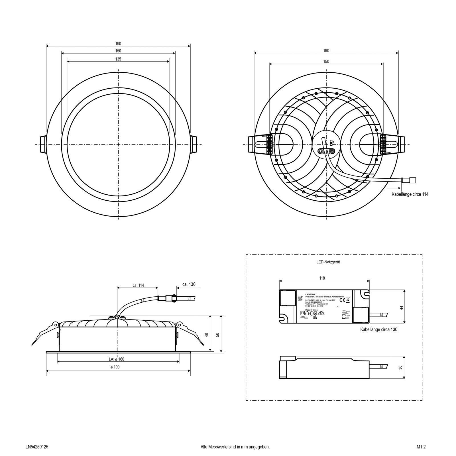 LED-Einbaustrahler 25W 3000-5700K 2600lm Konv 1LED Alu IP54 ws mt Ø/EB160mm